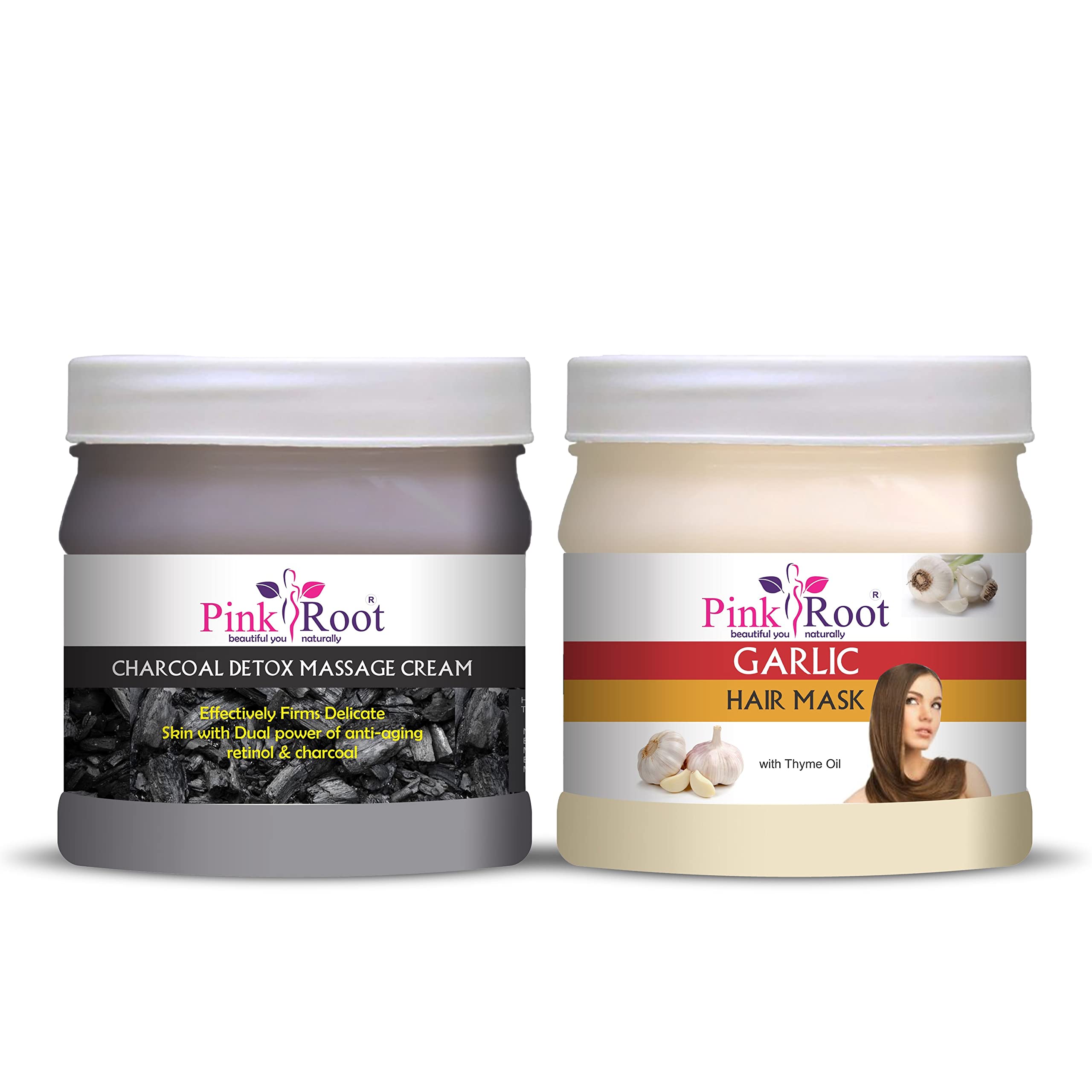 Pink Root Charcoal Cream 500g with Garlic Hair Mask 500g - Natural Hair Growth Treatment for Dry, Damaged Hair | Deep Conditioning & Scalp Care for Women & Men | Home Hair Spa Solution