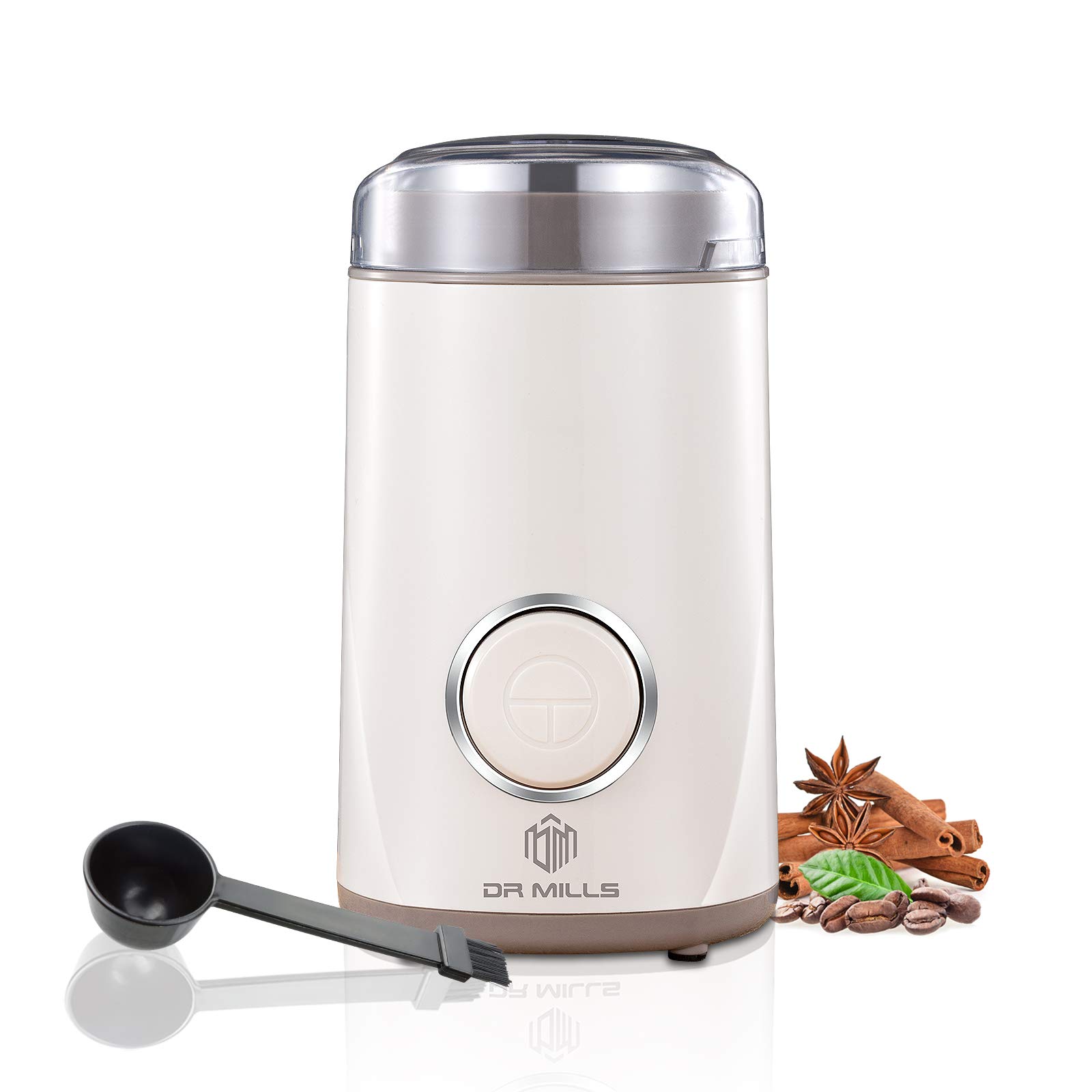 Premium Electric Coffee Grinder - DR MILLS DM-7441 Stainless Steel Blade for Coffee Beans & Spices, One-Touch Operation, Durable SUS304 Cup (White) - Perfect for Home Kitchens & Coffee Shops