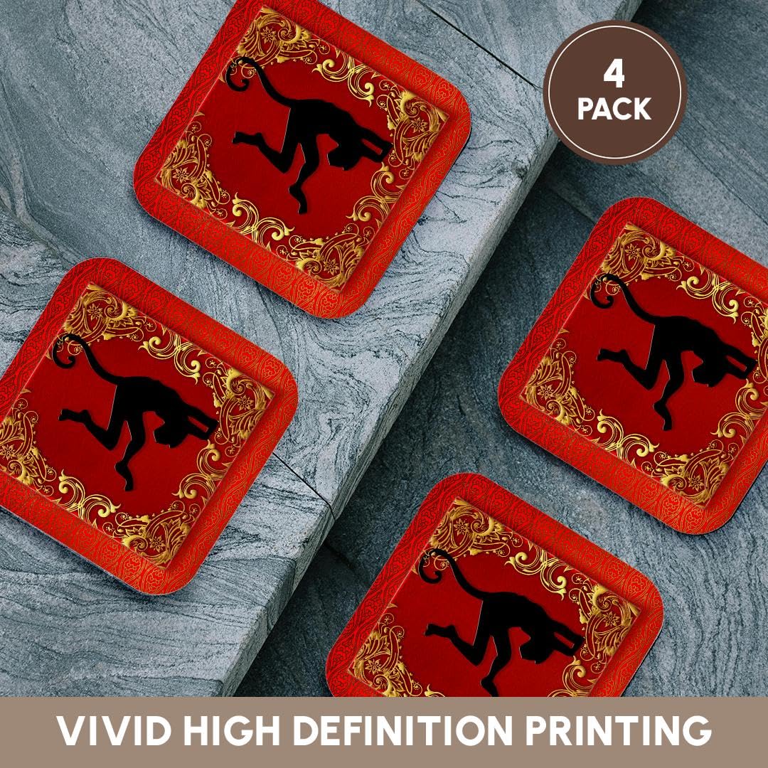 3D Chinese Zodiac Year of The Monkey Soft Coasters Set of 4 - Red, Gold & Black for Chinese New Year Celebrations, Home Decor & Party Supplies