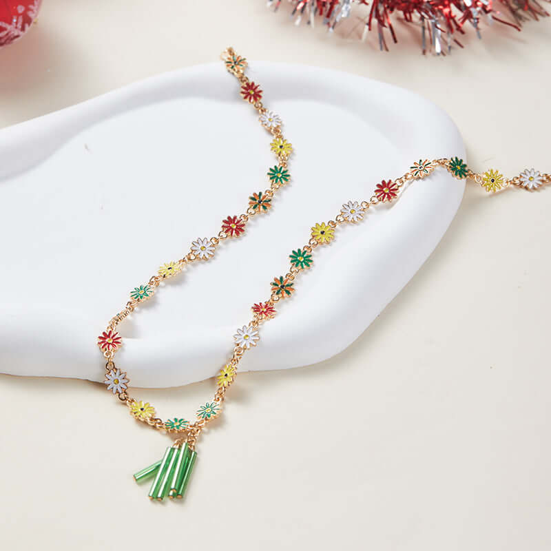 Rainbow Daisy Christmas Tree Pendant Choker Necklace - Festive Holiday Jewelry Gift for Women | Perfect for Christmas Parties, Gift Exchanges & Seasonal Fashion Accessories