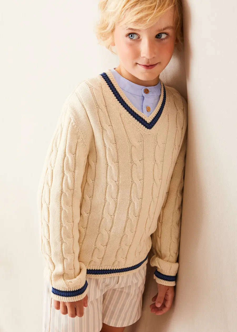 Cream Cable Knit V Neck Jumper for Kids (4-10 Years) - Cozy Winter Sweater for School & Playdates