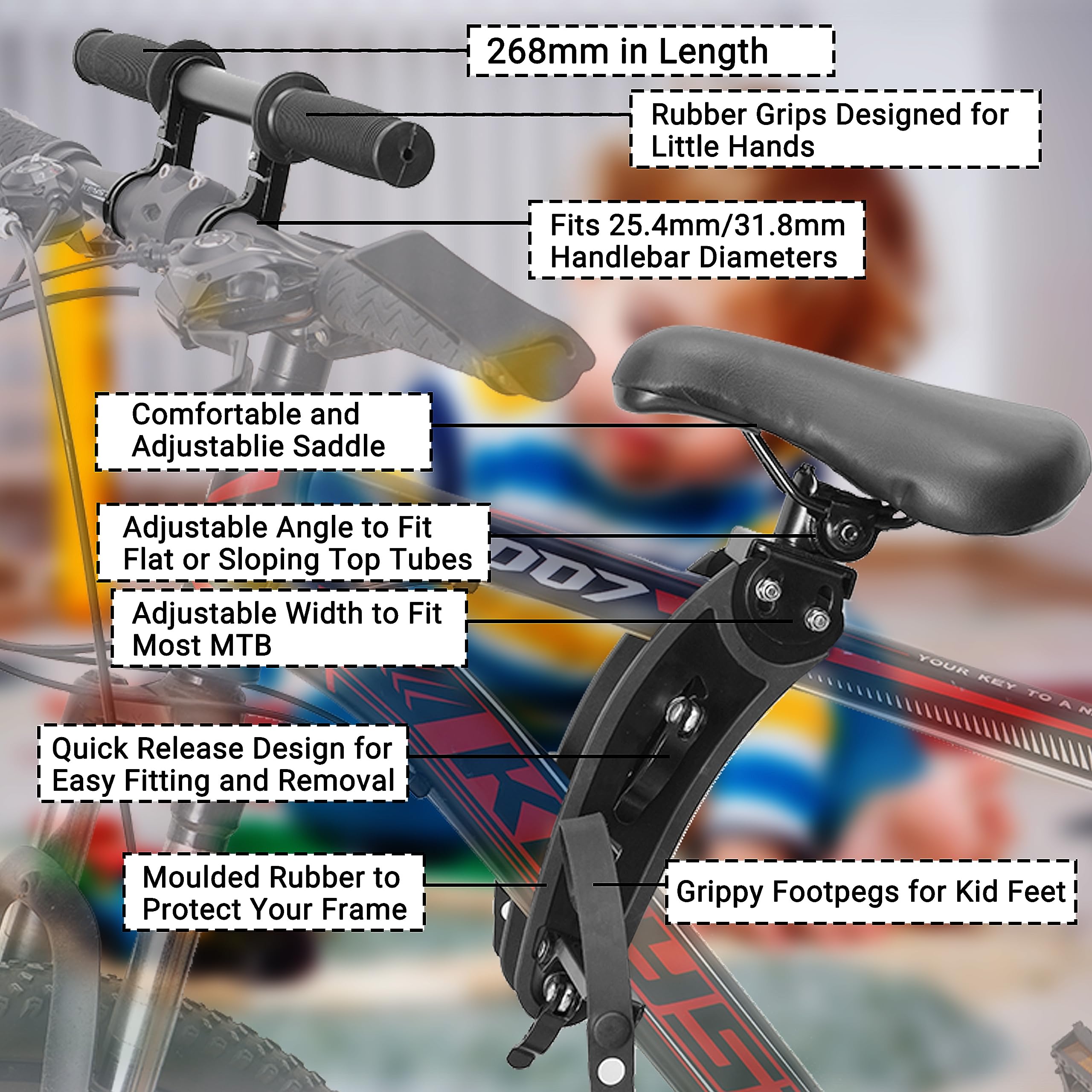 Himiway Front Mount Kids Bike Seat - Detachable Handlebar & Foot Pedals for Children 2-5 Years | Toddler Bicycle Seat Attachment for Adult & Mountain Bikes | Perfect for Family Rides & Commuting
