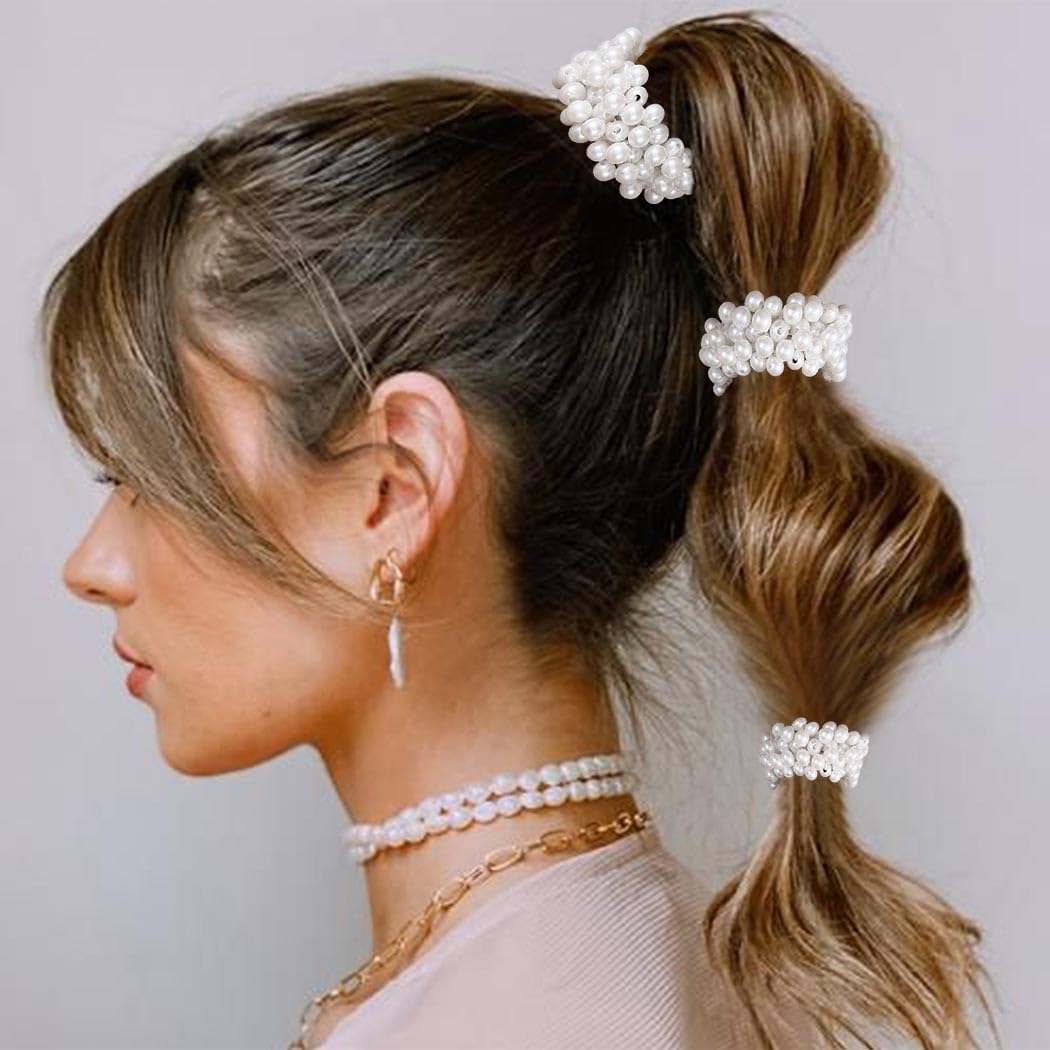 BARTOSI Pearl Hair Ties - Elegant White Beaded Ponytail Holders with Rhinestones | Soft Elastic Hair Scrunchies for Women & Girls (3-Pack) | Perfect for Weddings, Parties & Everyday Hairstyles