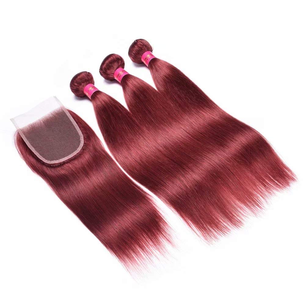 FEEL ME Straight Peruvian Human Hair 3 Bundles with Closure - Color 33 Virgin Peruvian Silky Straight Hair Extensions (18 20 22+18) - Light Auburn Red Remy Hair Weave for Daily Styling & Special Occasions