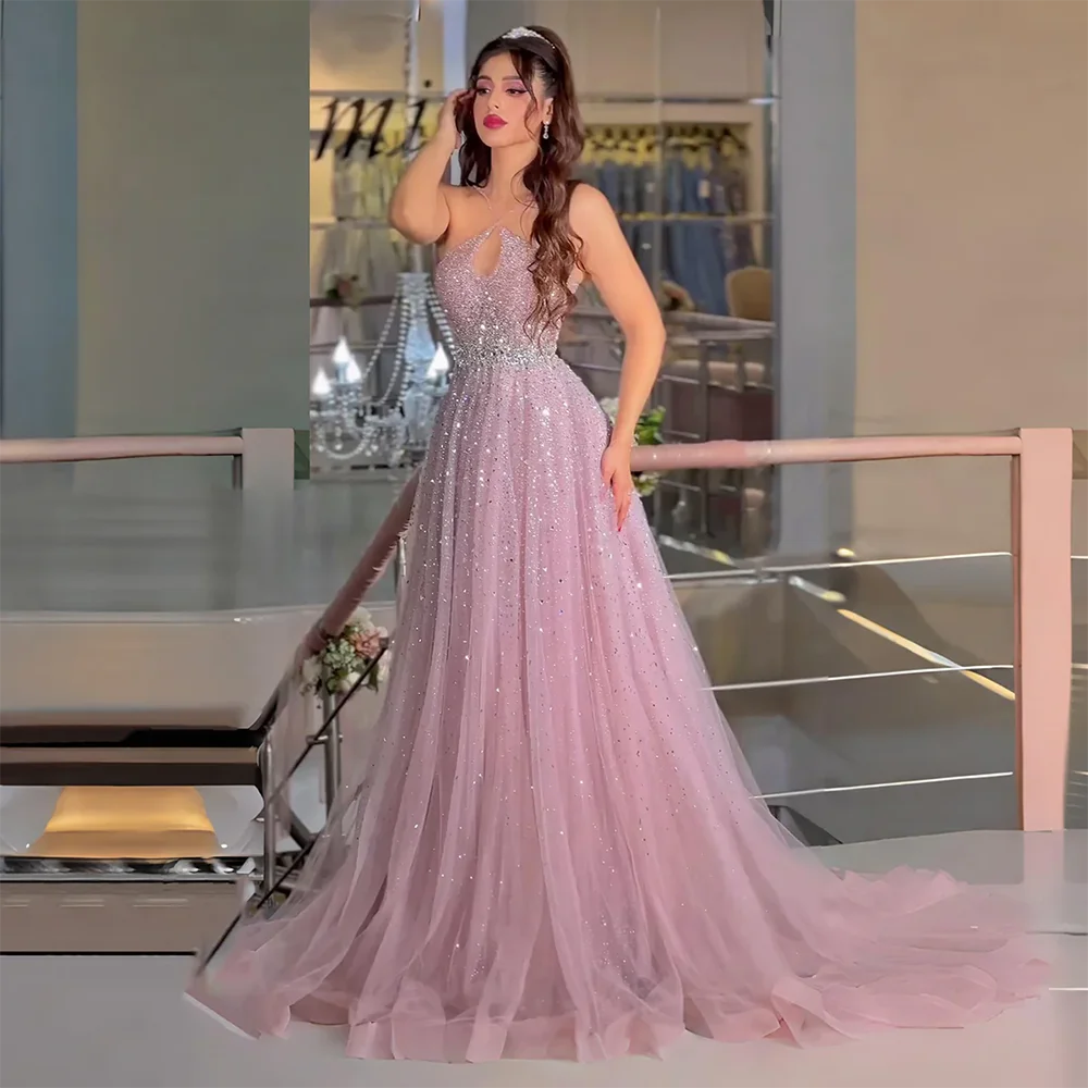 Luxury Dubai Saudi Arabic Caramel Halter Beaded Tulle A-Line Evening Gown LA72863 - Elegant Formal Dress for Weddings, Galas & Special Occasions
