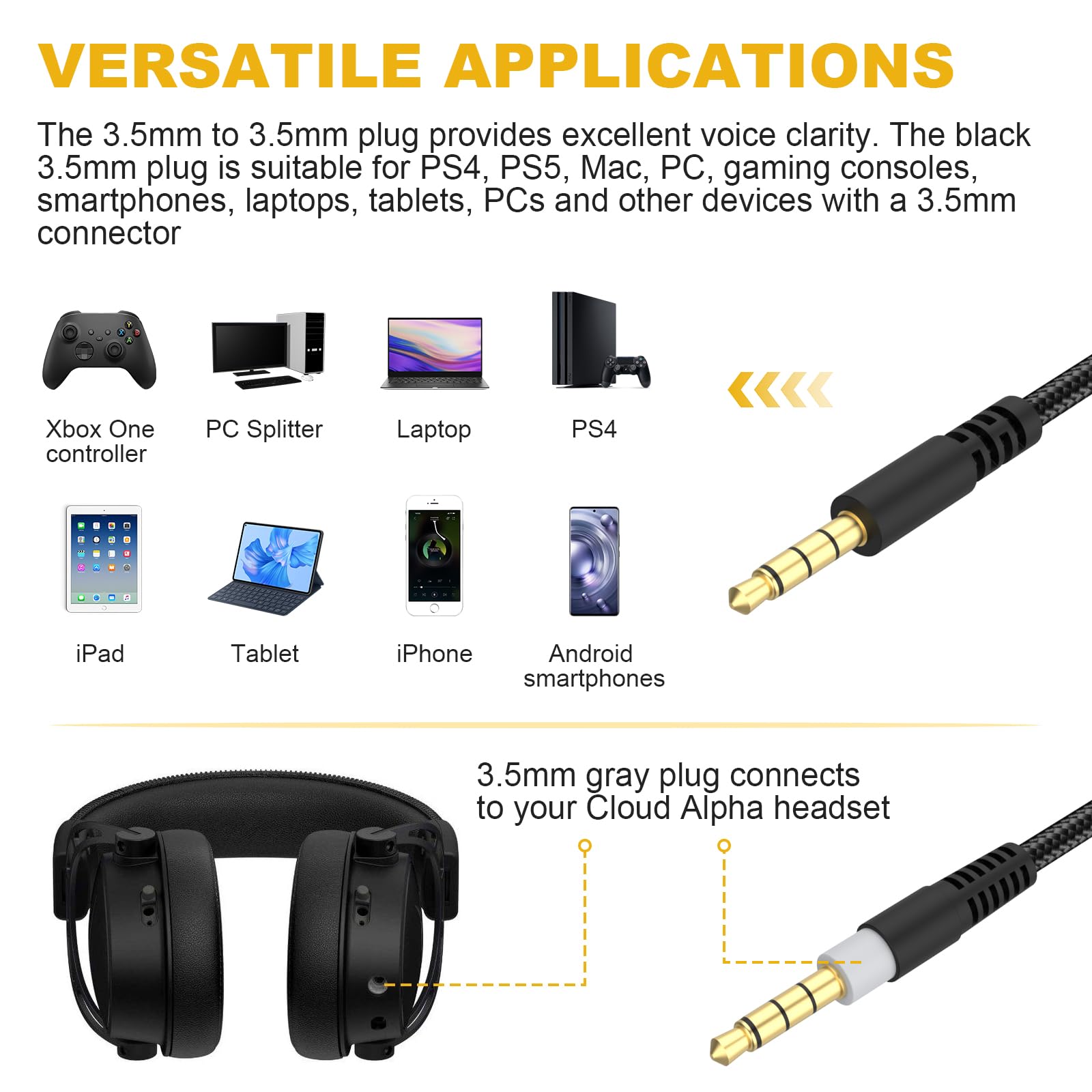 Kingston HyperX Cloud Alpha & Cloud Mix Gaming Headset Replacement Cable - 3.5mm Audio Cable with In-Line Volume Control & Mic Mute Switch for PC, PS4, Xbox - Durable Braided Cord for Gaming & Streaming