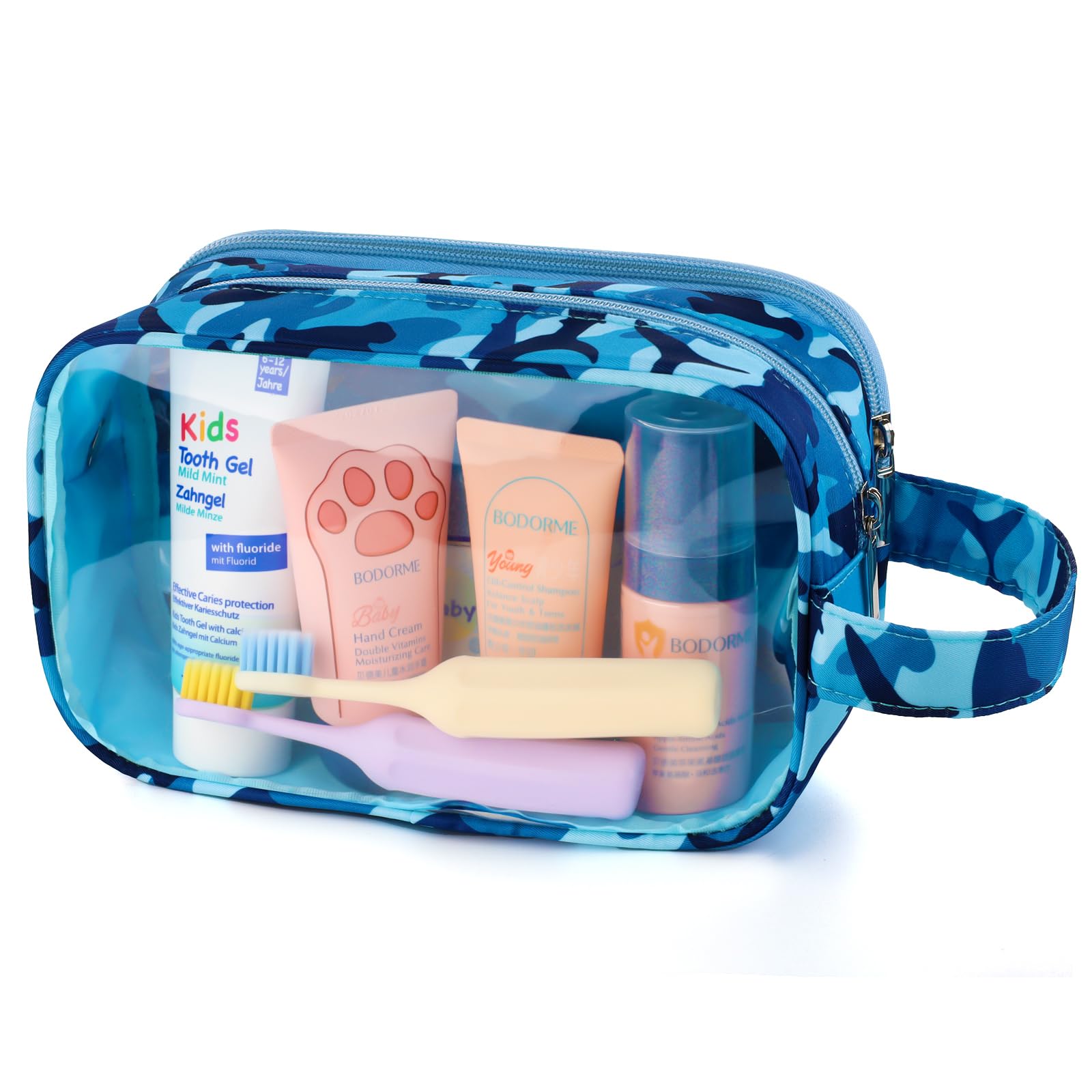 Shark Themed Kids Toiletry Bag for Boys - Waterproof Hanging Travel Cosmetic Organizer with Clear Window | Perfect for Toddler Travel, Camping & Sleepovers (Blue)
