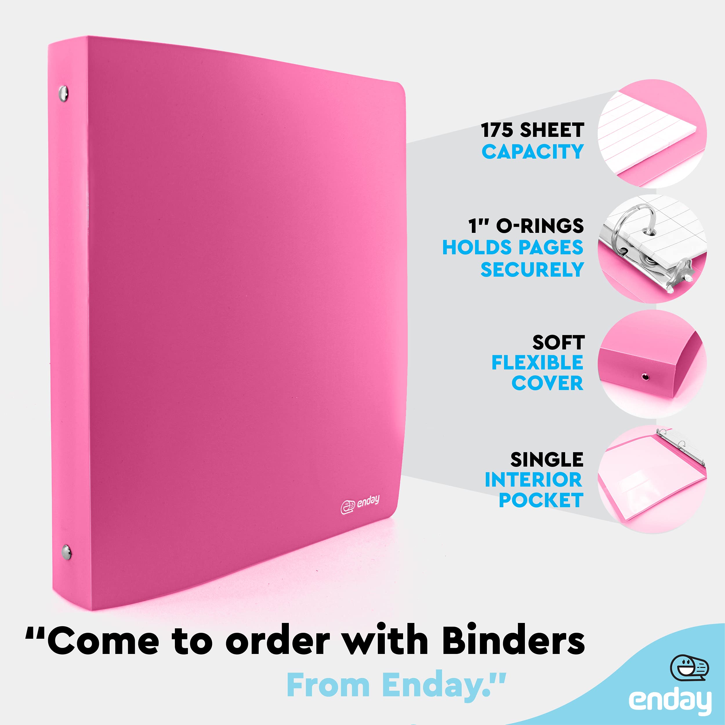 1 Inch 3 Ring Binders - Pink Soft Plastic Flexible Cover with Pocket, Holds 175 Sheets, 2-Pack (Also in Purple, Red, Green, Blue, Grey) - Perfect for School, Office & Home Organization by Enday