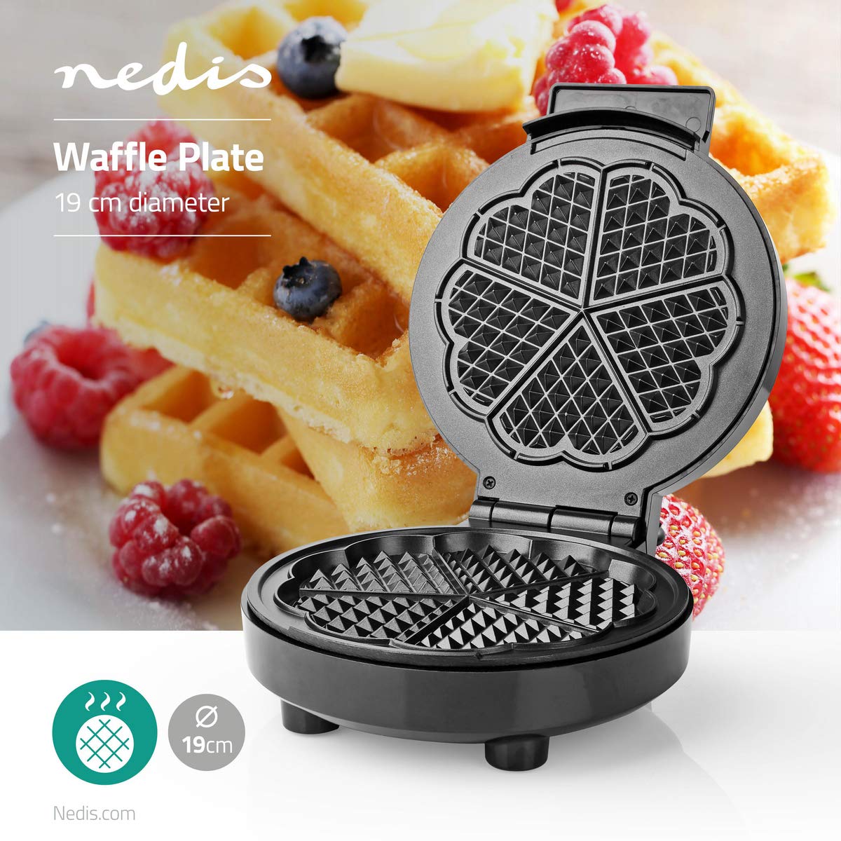 Nedis Heart-Shaped Waffle Maker for 5 Mini Waffles - Non-Stick Plates, Adjustable Temperature Control, 1000W - Black/Silver - Perfect for Valentine's Day, Breakfast, and Kids' Snacks