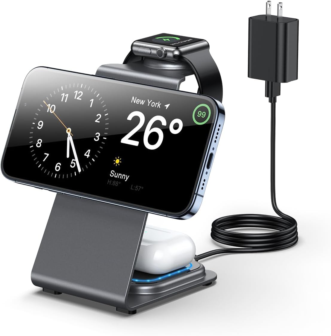 3-in-1 Magnetic Wireless Charging Station for iPhone 16/15/14/13/12 Pro Max/Plus/Mini, Apple Watch 10/9/8/7/6/5/4/3/2/SE/Ultra & AirPods 2/3/4/Pro - Fast Charging Aluminum Alloy Stand - Perfect for Home, Office & Travel Accessories