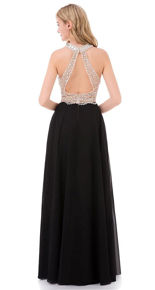 Honeydress Women's Beaded Halter Prom Dress Long Chiffon Evening Gown with Rhinestones - Sleeveless Party Gown for Formal Events, Weddings & Special Occasions