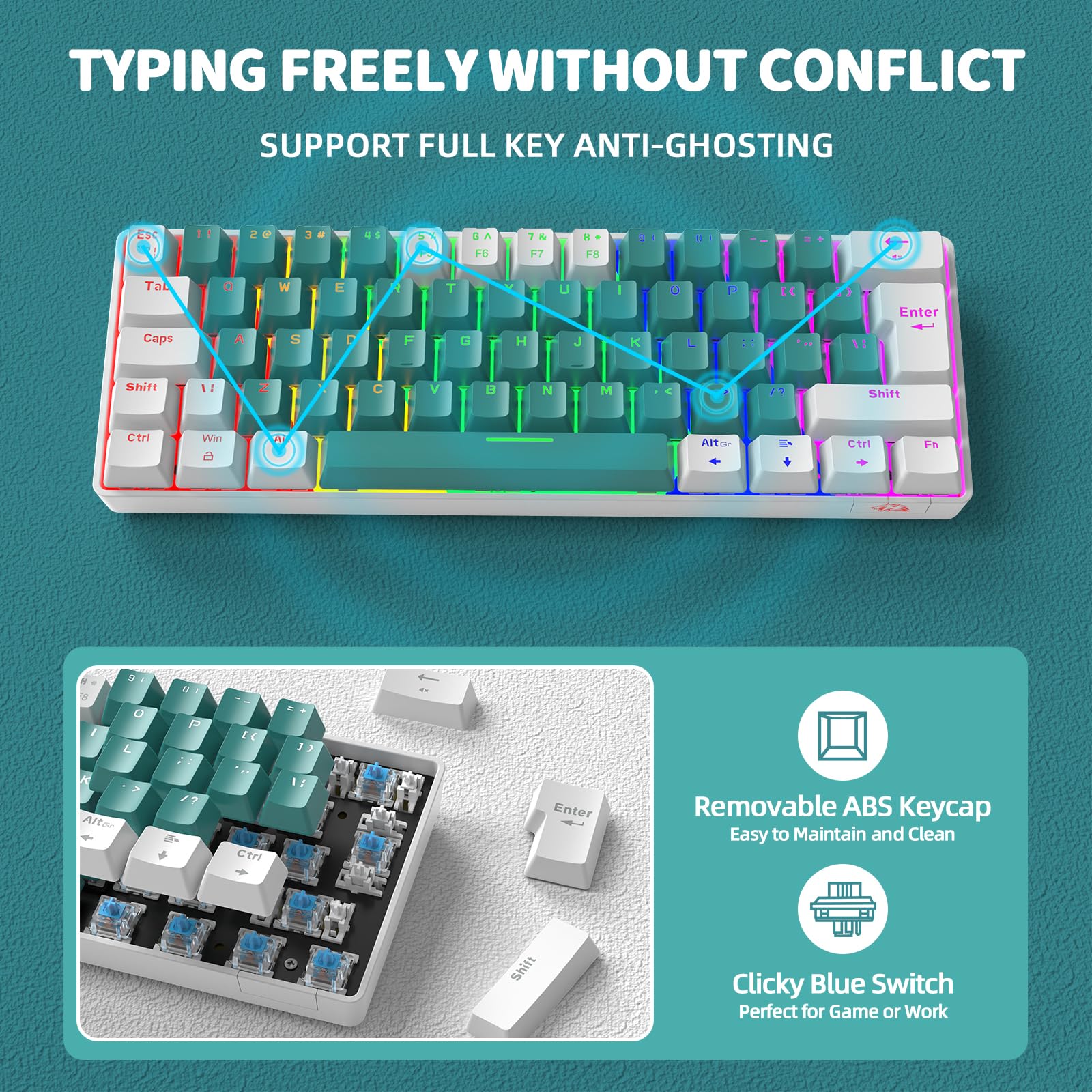 60% UK Gaming Mechanical Keyboard - 62 Key Compact Blue Switches with RGB Backlight for PC/Laptop Gaming & Office Work
