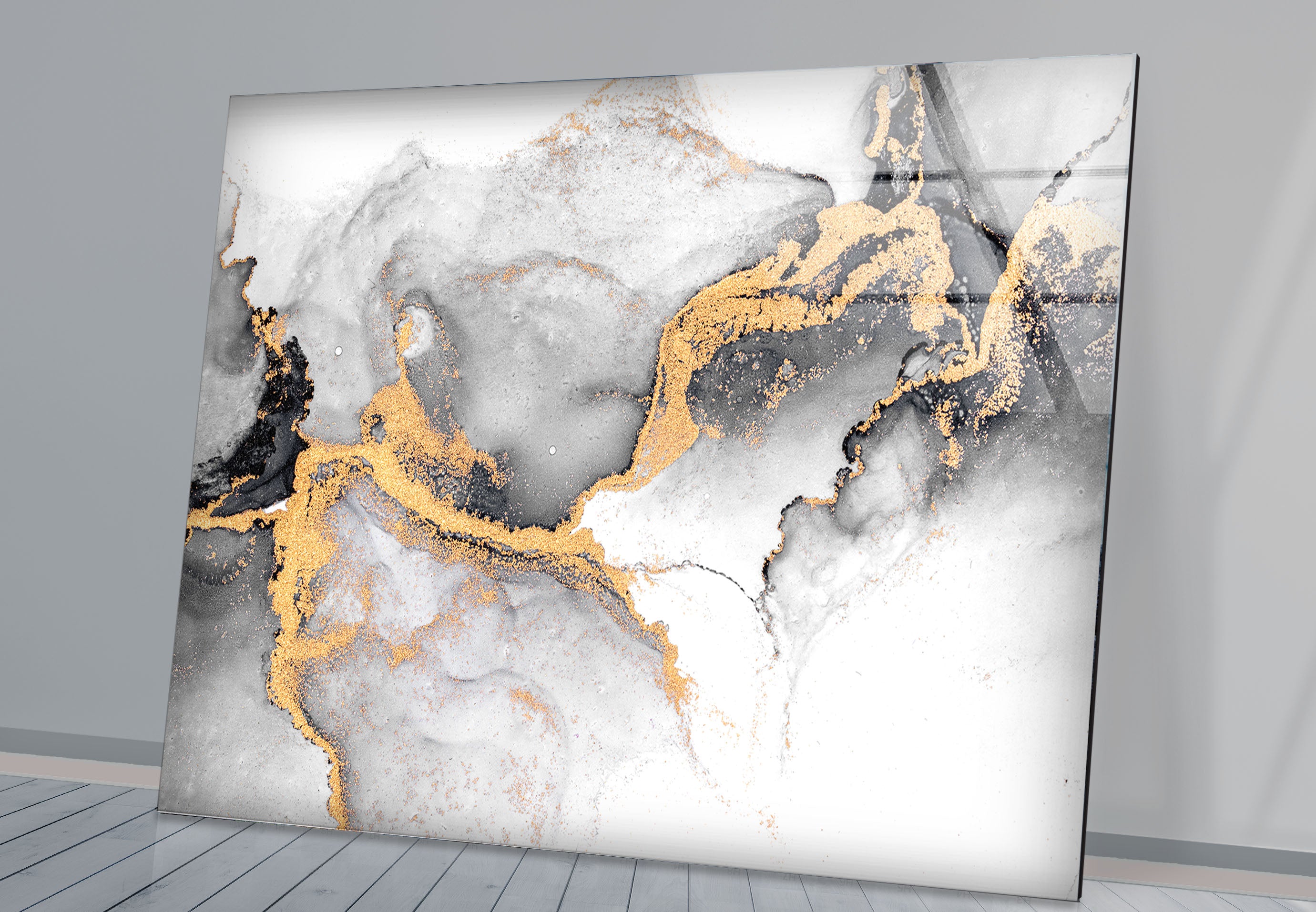 Black White and Gold Abstract Wall Art - Minimalist Glass Print for Modern Home & Office Decor | Perfect for Living Room, Bedroom & Office Spaces