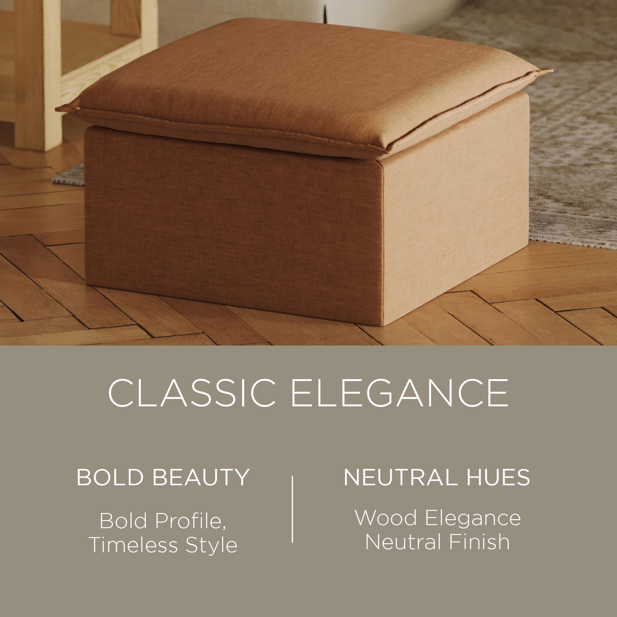 Maven Lane Claude Large Square Rustic Upholstered Ottoman with Cushion - Stylish Footrest for Living Room, Bedroom, or Dorm - Clay Fabric Upholstery - Perfect for Relaxing, Extra Seating & Home Decor