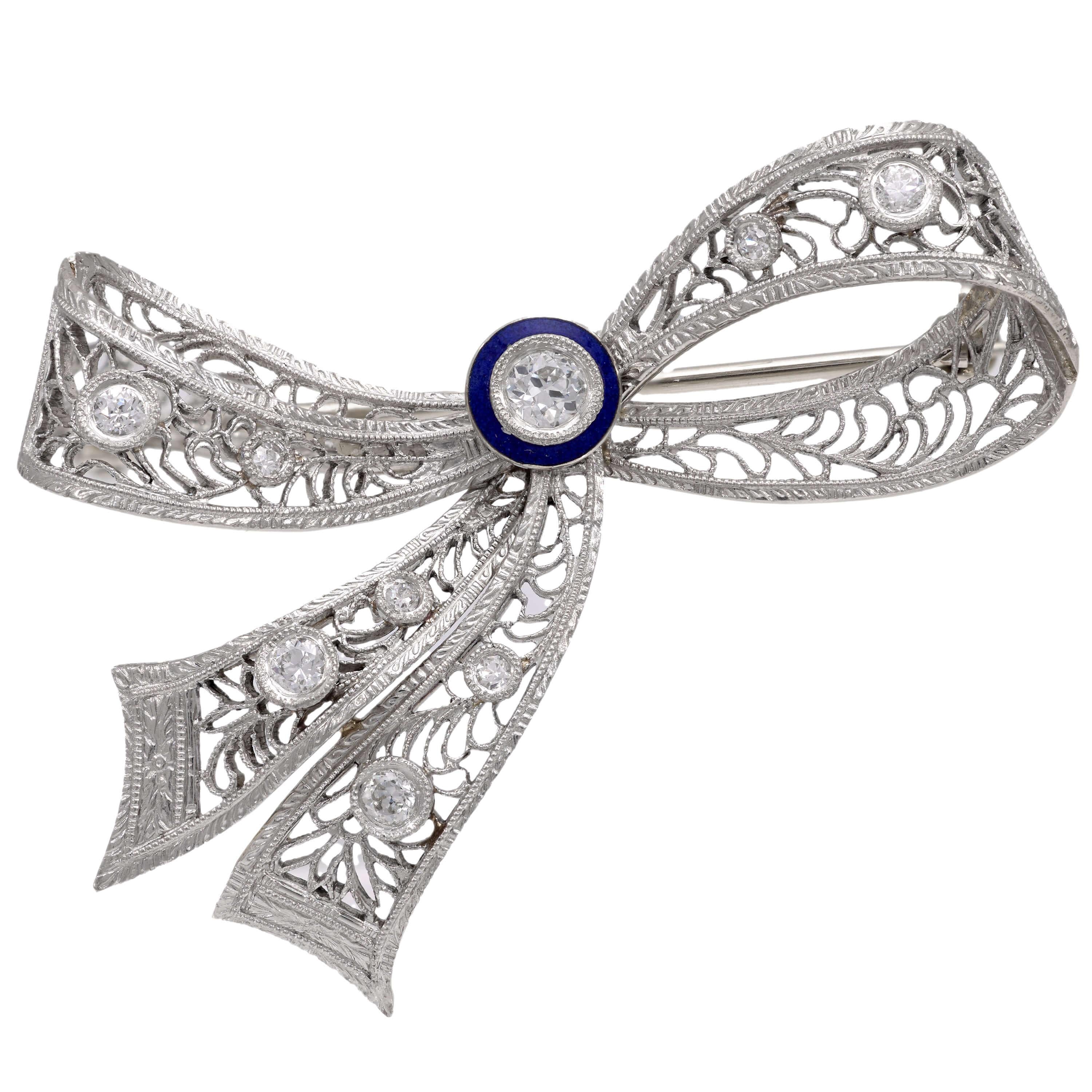 Vintage Edwardian 14K Gold Diamond & Enamel Bow Brooch Pin - Elegant Antique Jewelry for Weddings, Special Occasions & Collectors