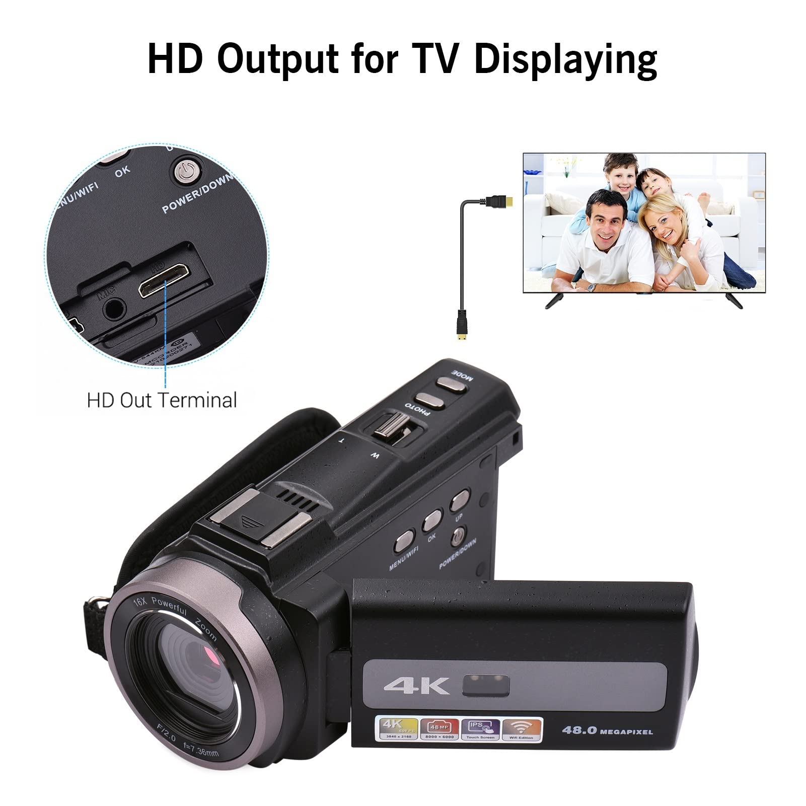 4K 60FPS Ultra HD Digital Video Camera with 48MP & 16X Zoom - WiFi Sharing, Time Lapse, Slow Motion - Perfect for Vlogging, Travel Filming, and YouTube Content Creation