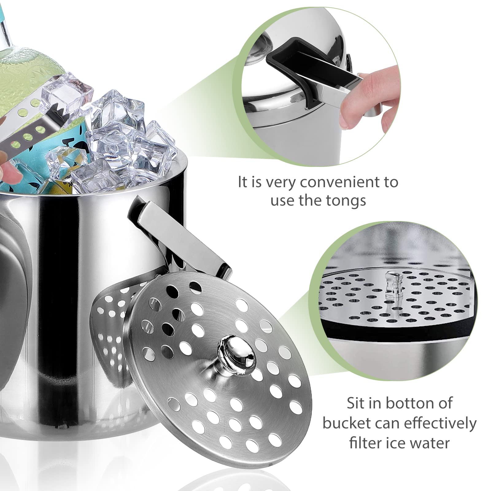 Premium 1.5L Stainless Steel Ice Bucket with Lid - Double Wall Insulated Metal Ice Bucket for Whiskey, Cocktails & Beverages - Includes Tongs & Strainer - Perfect for Home Bars, Parties, Weddings & Outdoor Events