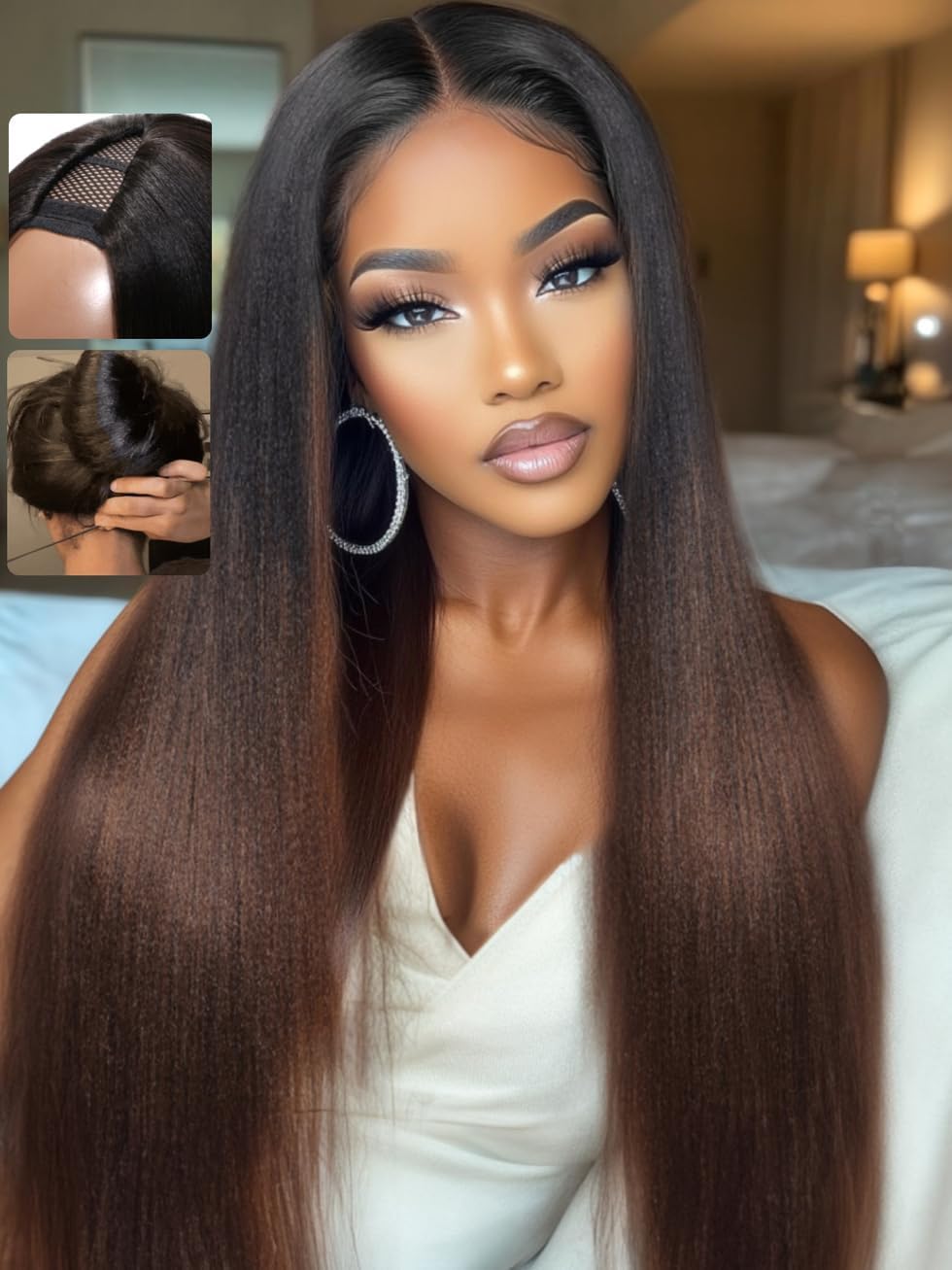 UNICE EasiContour Yaki Straight V Part Human Hair Wigs - 16 Inch 180% Density Glueless Clip-in with Drawstring, Black to Chestnut Brown Ombre | Perfect for Daily Wear, Cosplay & Special Occasions