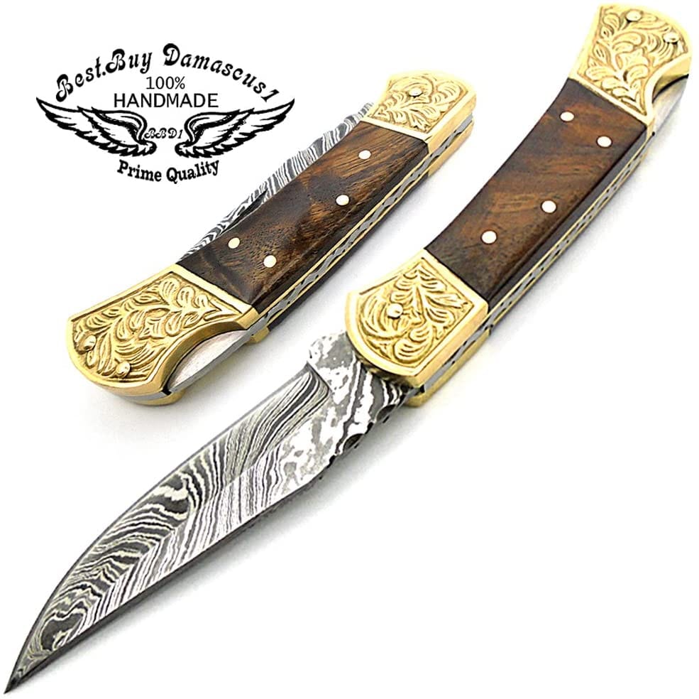 Handmade Damascus Steel Pocket Knife with Rosewood Handle & Brass Bolster - 7.5
