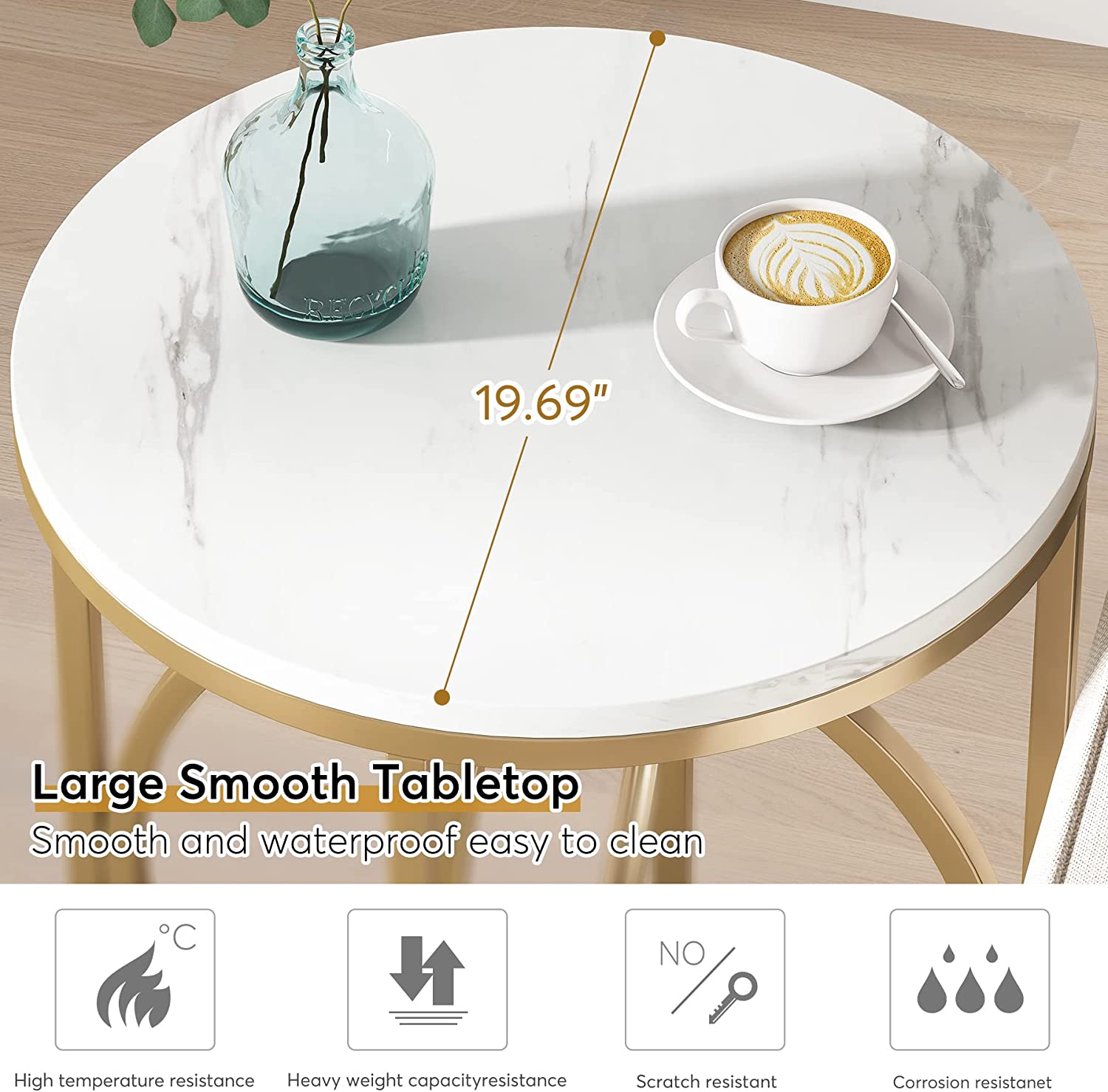 Modern Round End Table with Faux Marble Top - Stylish Sofa Side Table for Living Room, Bedroom & Office Decor