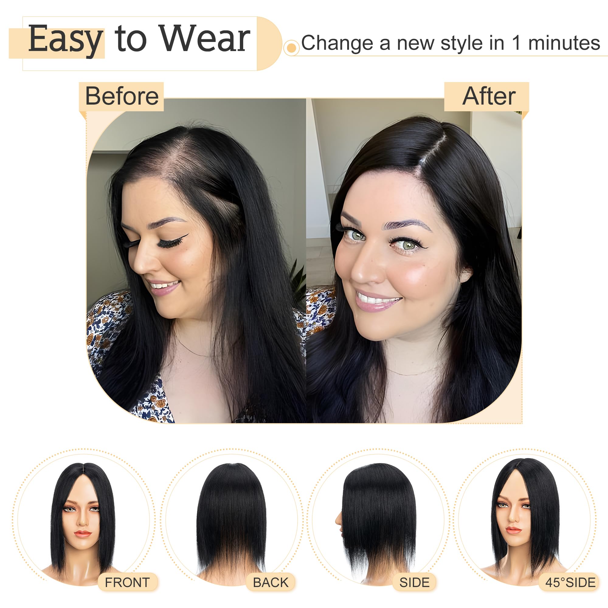SEGO 100% Real Human Hair Toppers for Women with Thinning Hair - 7x13cm Silk Base Clip-in Top Wiglet - 18 Inch No Bangs Jet Black - Perfect for Daily Wear, Parties & Special Occasions