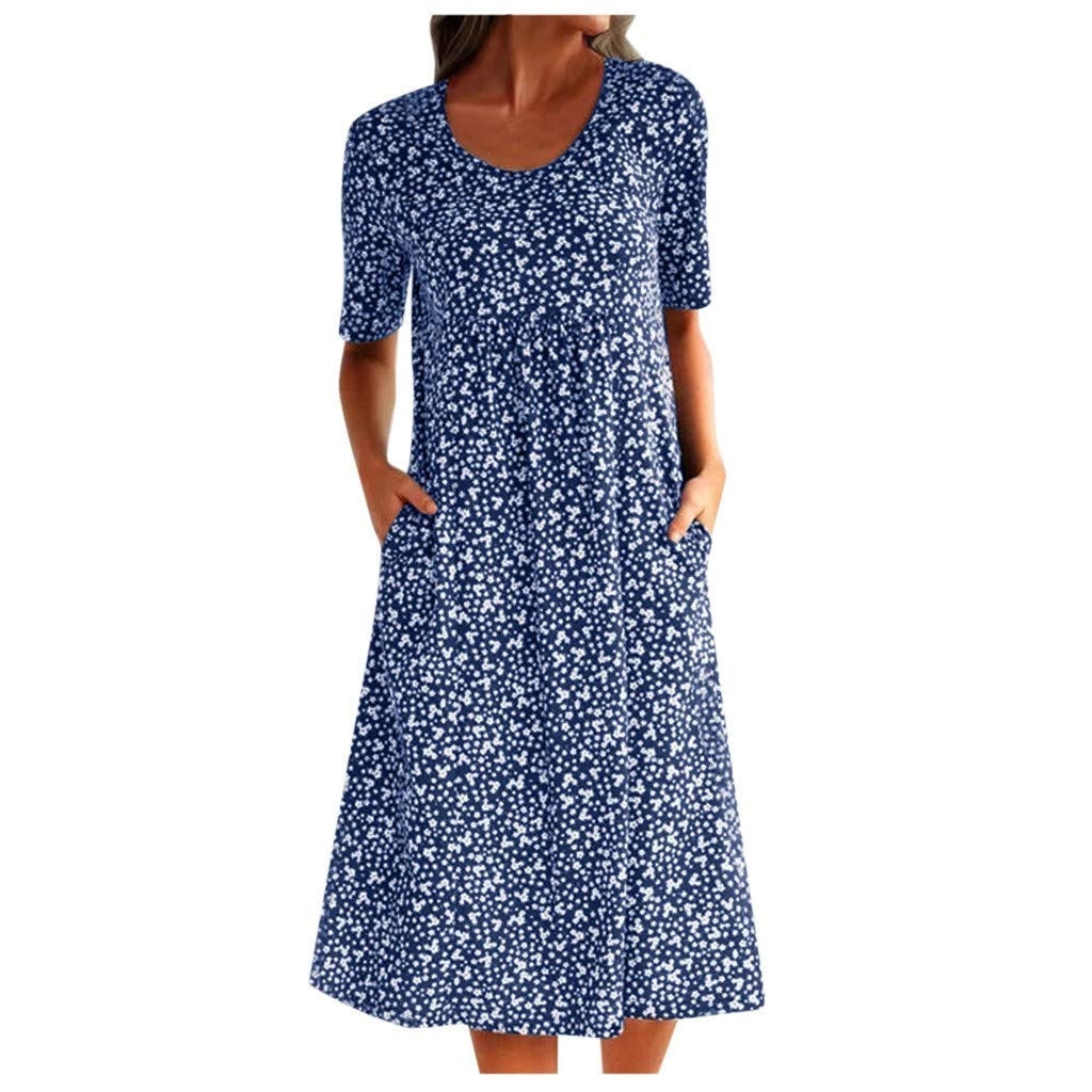 Women's Floral Print Boho Midi Dress - Loose Sleeve Round Neck Short Summer Dress for Casual Wear | Beach Vacation, Date Night, Outdoor Picnic