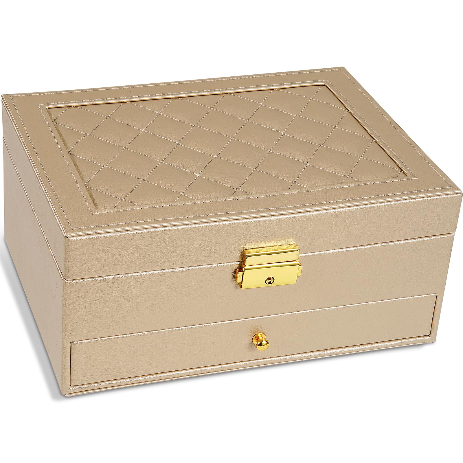 2-Layer Vintage Quilted Jewelry Box with Lock & Removable Tray - Jewelry Organizer for Women, Necklace & Ring Storage Case - Perfect Gift Box for Girls, Brides & Travel (Home, Office, Wedding)