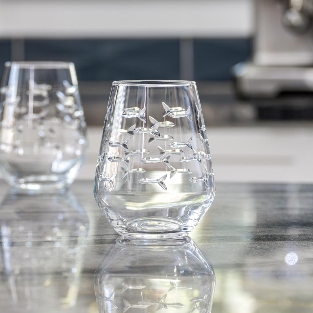 School of Fish 18oz Stemless Wine Tumbler Glass Set of 2 - Perfect for Parties, Picnics & Outdoor Entertaining