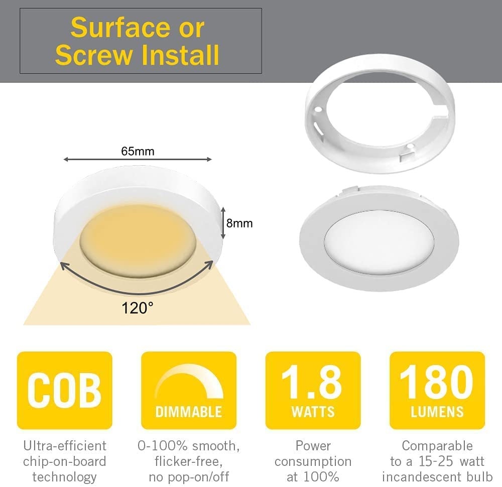 VST Under Cabinet Lighting Plug in with Wired Touch Dimmer Switch - 6 Pack White Puck Lights, Recessed or Surface Mount Design, Natural White 4000K, 12V 2W (12W Total) - Perfect for Kitchen, Closet, and Display Cabinet Lighting
