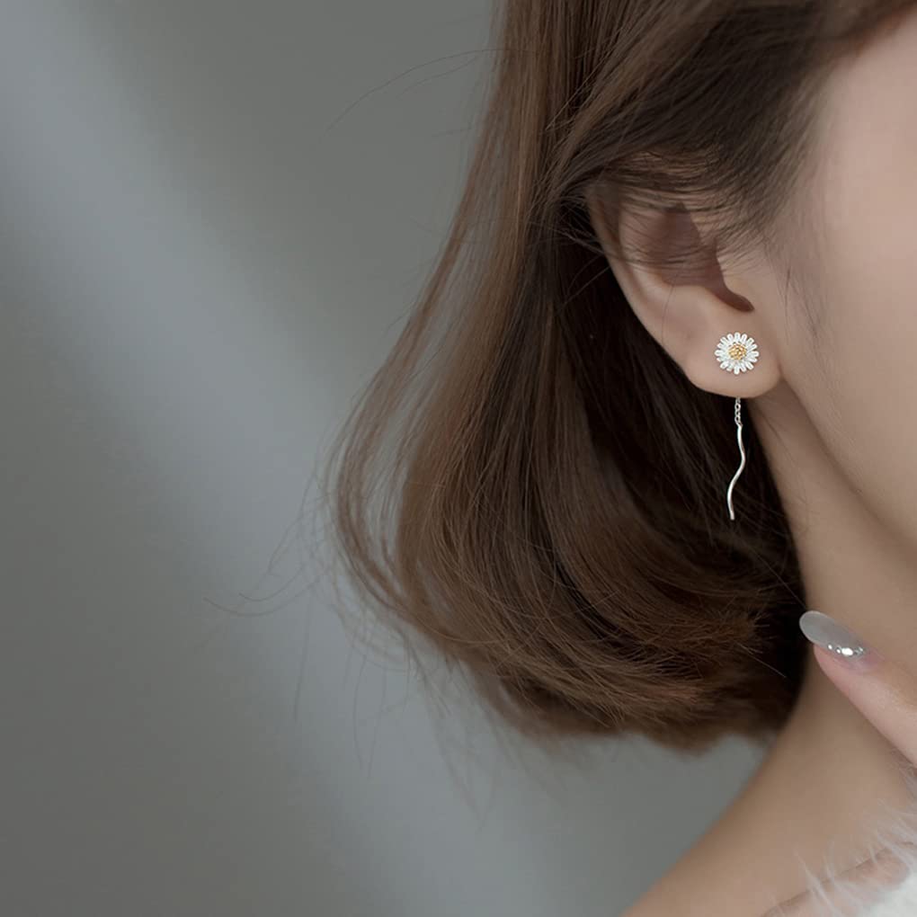 SLUYNZ 925 Sterling Silver Daisy Flower Drop Earrings for Women - Helix Threader Chain Wave Earrings - Elegant Mother's Day Gift for Her - Perfect for Weddings, Parties & Everyday Wear