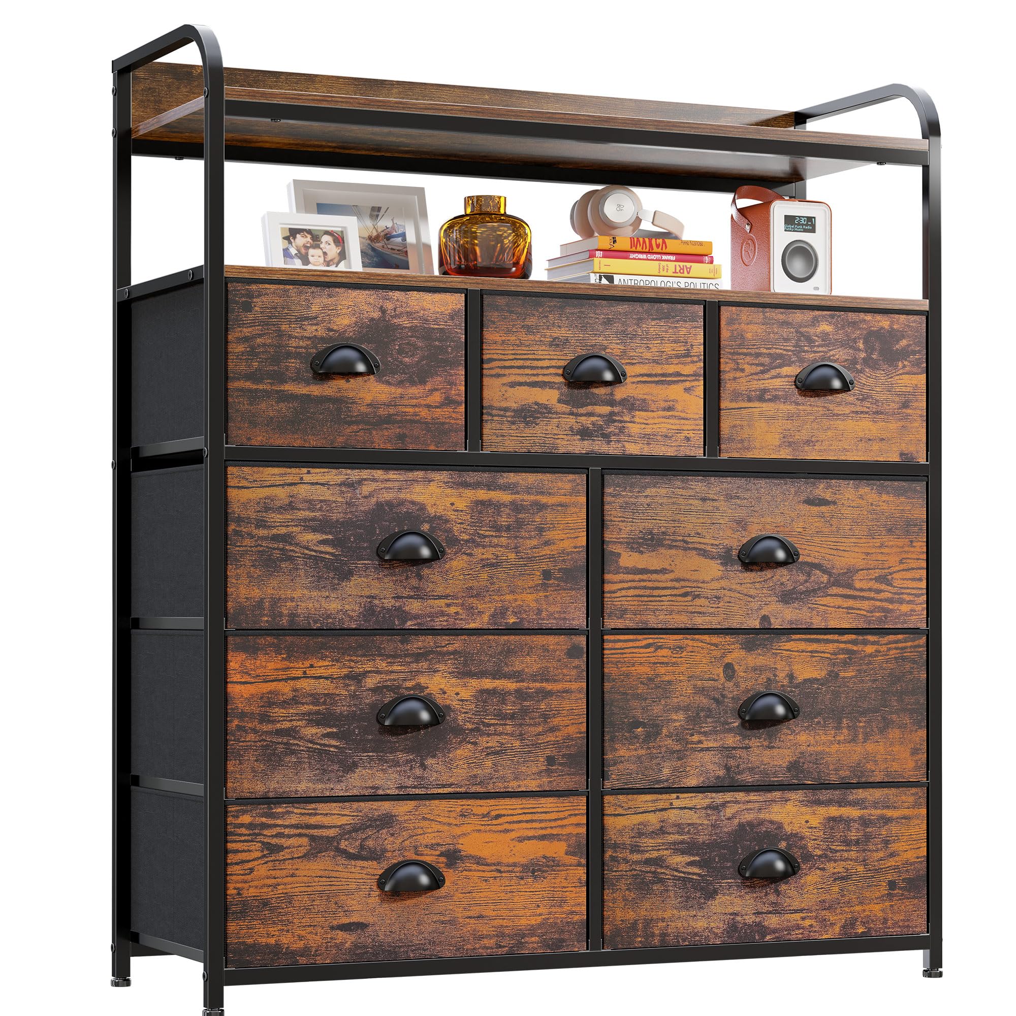 EnHomee 9-Drawer Tall Dresser for Bedroom - Rustic Brown Wooden Chest with 2 Open Shelves & Sturdy Metal Frame - Spacious Storage Solution for Clothes, Linens & Bedroom Organization - Perfect for Master Bedroom, Guest Room & Dorm Decor