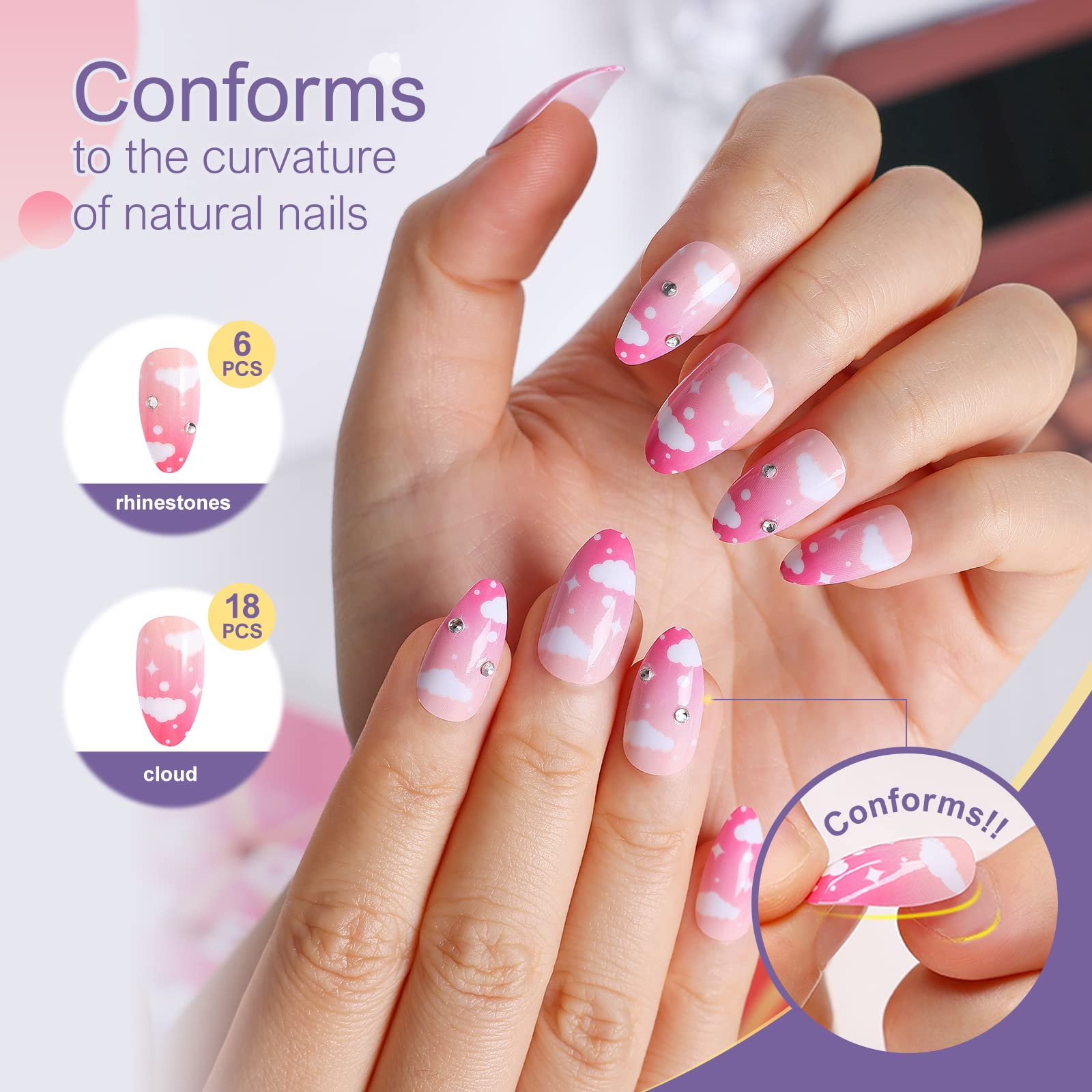 24PCS Medium Length Almond Press On Nails - Ombre Pink Acrylic Fake Nails with White Cloud & Crystal Design | Glossy Artificial Stick On Nails for Women | Perfect for Parties, Weddings & Everyday Manicures