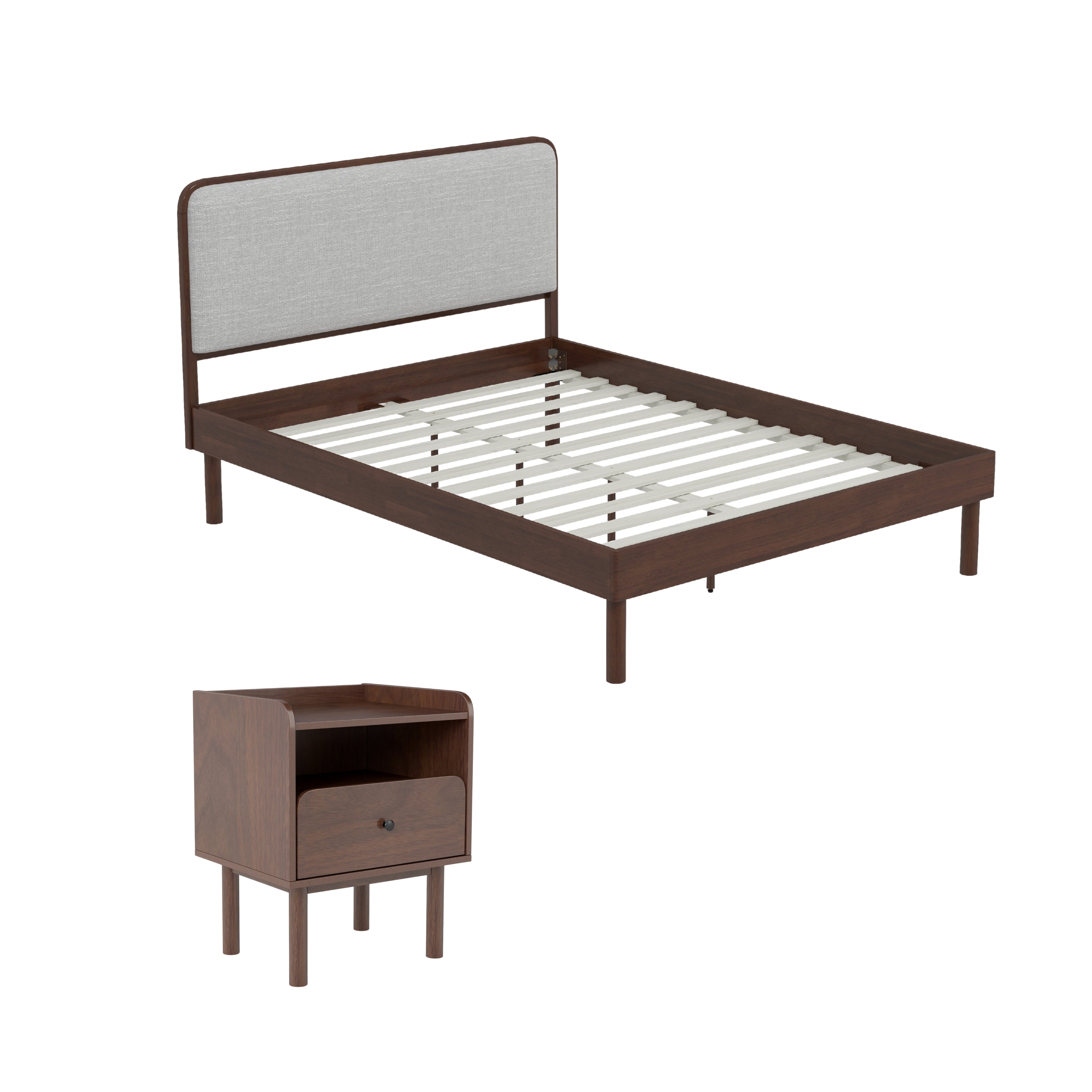 Roundhill Furniture Wyller 2-Piece Queen Bedroom Set - Platform Bed with Nightstand in Natural Walnut Finish | Perfect for Modern & Minimalist Bedroom Decor