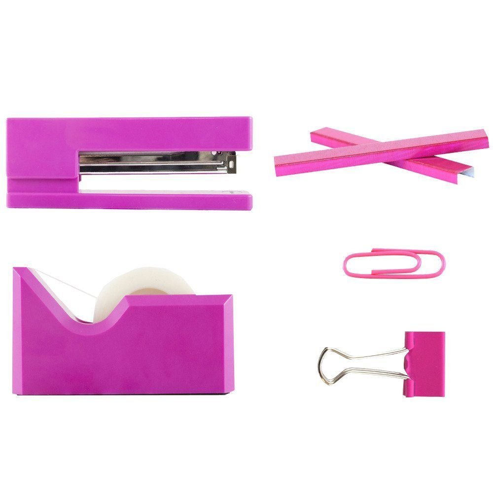 JAM PAPER Pink Office Starter Kit - Stapler, Tape Dispenser, Staples, Paper Clips & Binder Clips (5-Piece Set) - Perfect for Home Office, School & Workplace Organization