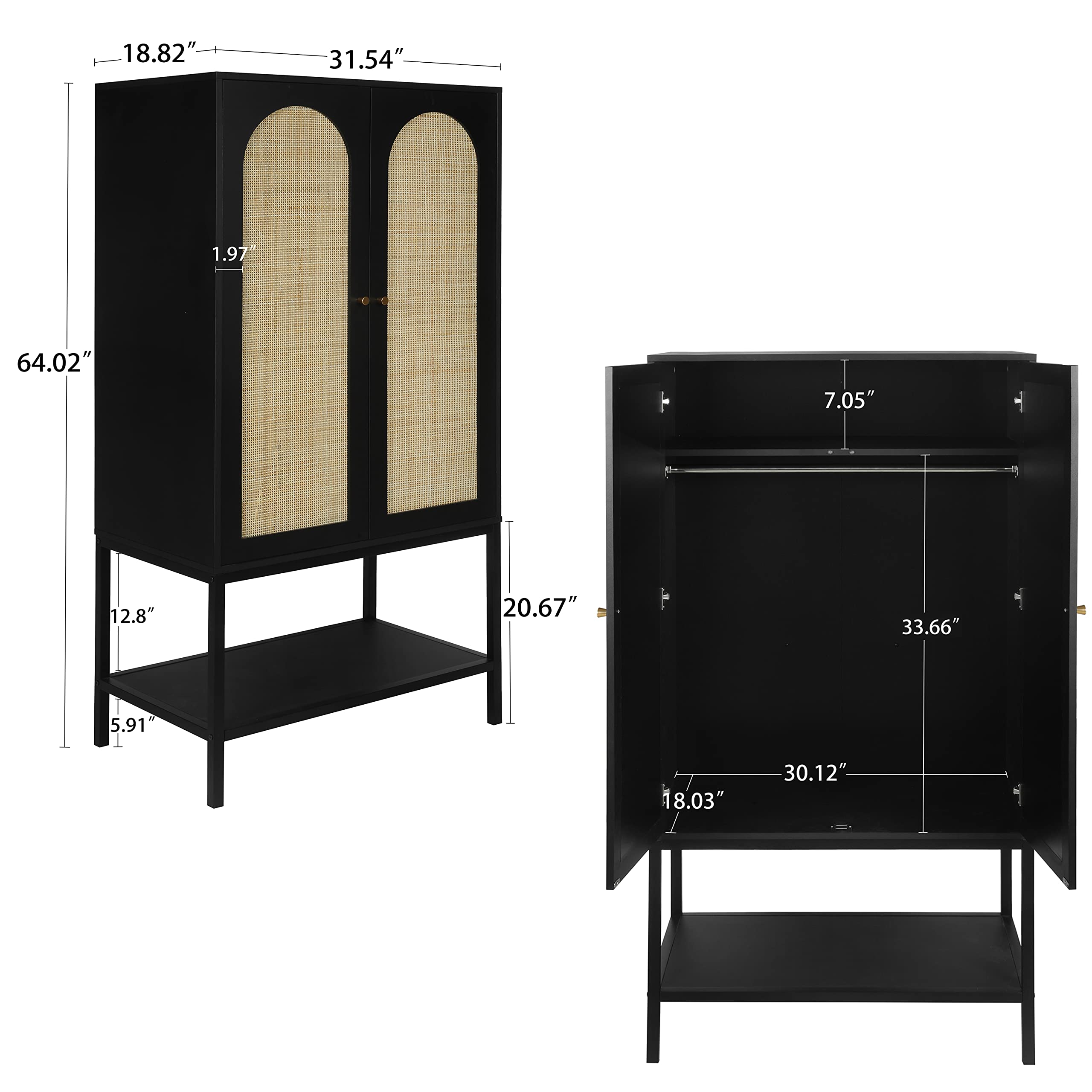 Rattan Freestanding Wardrobe Closet with Storage Cubes & Hanging Rod - 2-Door Black Bedroom Armoire for Clothes Storage | Perfect for Small Spaces, Dorm Rooms & Apartment Organization