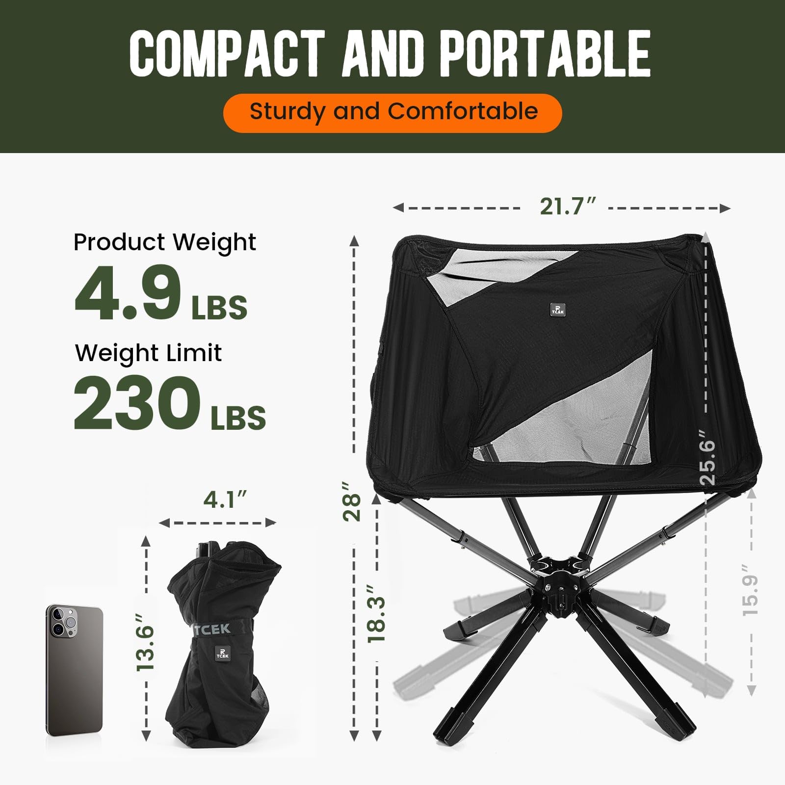 RiseLite Adjustable Portable Folding Chair for Adults - Compact Lightweight Outdoor Backpack Chair, Easy Setup in 6 Seconds - Perfect for Camping, Travel, Hiking, Concerts, Beach, Picnics & Backyard Relaxation