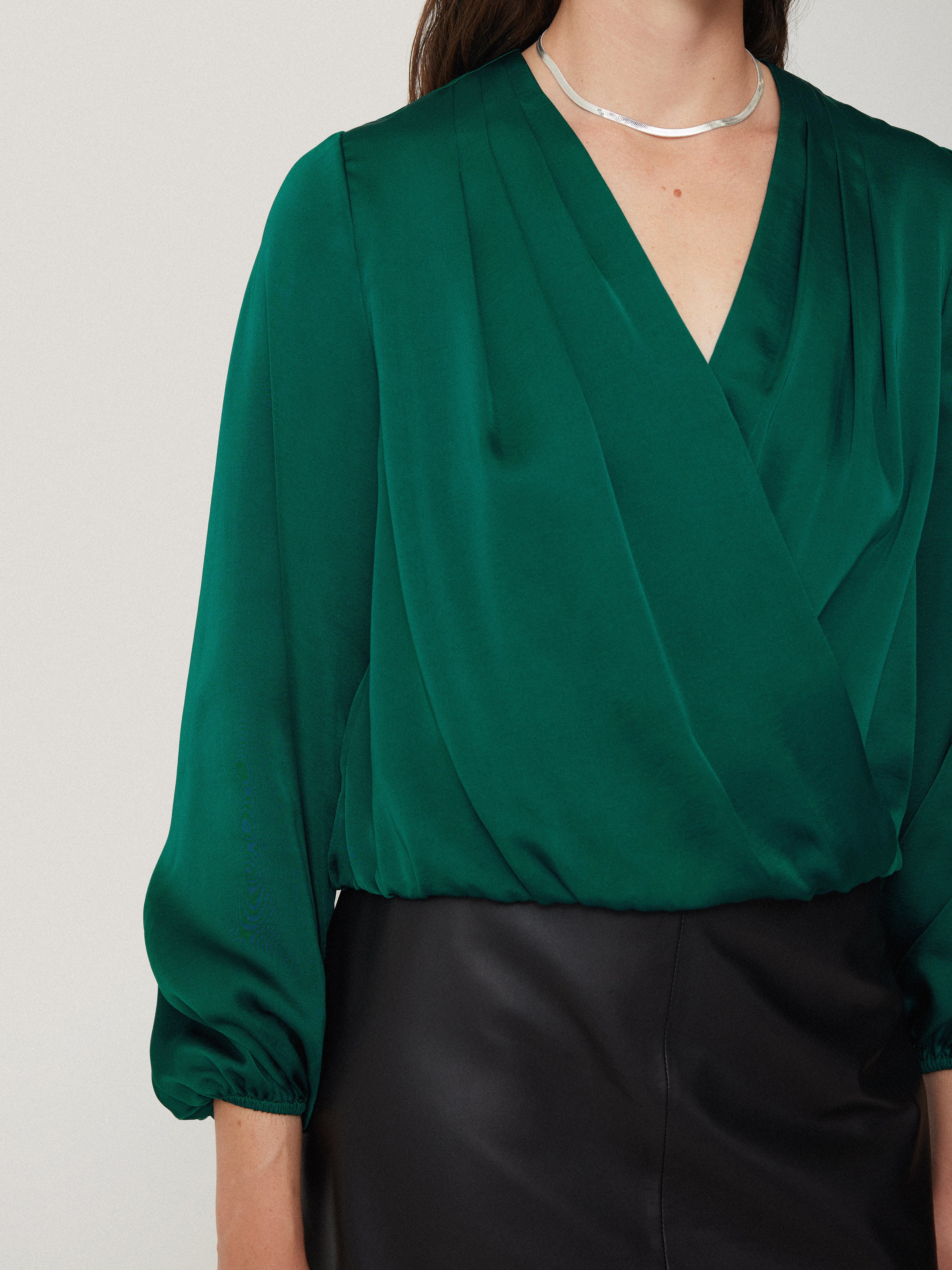 Eco-Friendly Recycled Satin Drape Wrap Top - Women's Sustainable Fashion Blouse in Green | Perfect for Casual Outings, Date Nights & Office Wear
