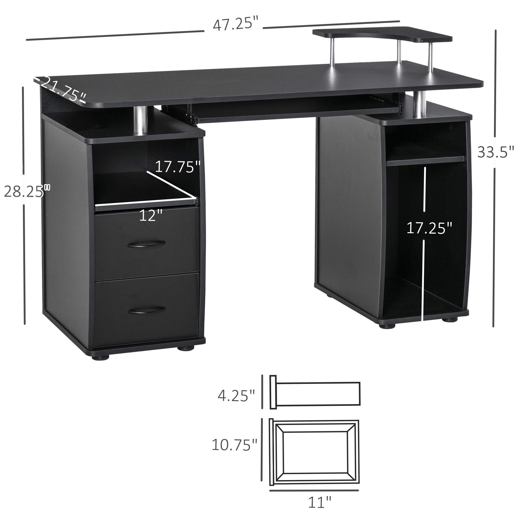 HOMCOM Black Multi-Function Computer Desk with Keyboard Tray, Elevated Shelf & CPU Stand - Home Office Workstation for Small Spaces | Perfect for Remote Work, Gaming & Study Setup