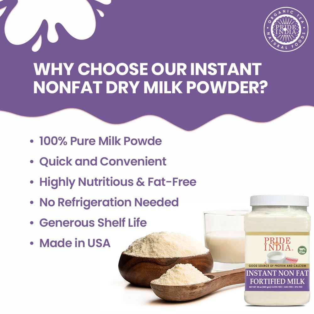 Pride of India Instant Fortified Nonfat Dry Milk Powder - Enriched with Vitamin D, Protein & Calcium - 1.25 lbs (20 oz) - Perfect for Baking, Cooking, and Healthy Beverages