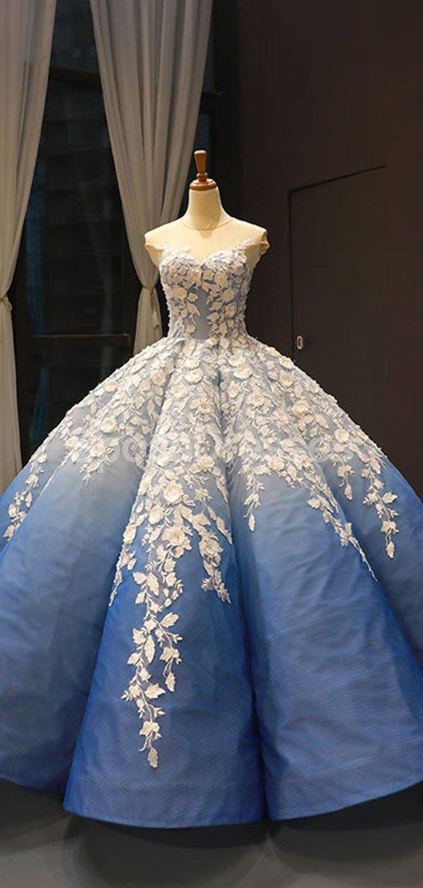 Elegant Ombre Blue Ball Gown Prom Dress with Jewel Neckline - Perfect for Evening Parties, Prom Nights & Formal Events | Style 12254
