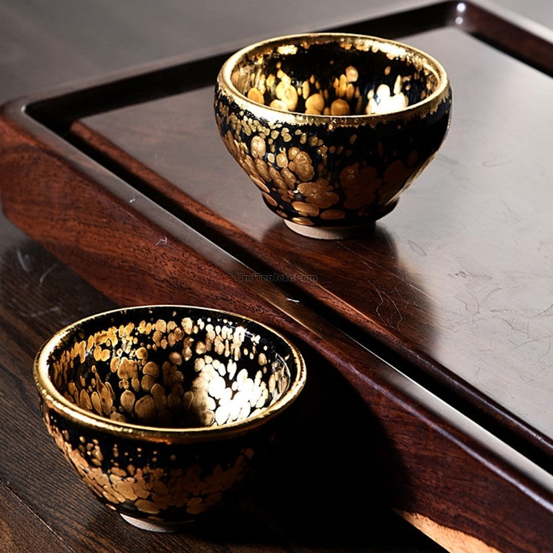 Handmade Golden & Silver Jian Zhan Gongfu Tea Cup - Traditional Chinese Ceramic Tea Set for Oolong & Pu-erh - Perfect for Tea Ceremony, Meditation & Home Decor