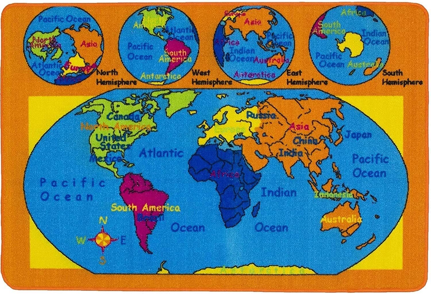 Champion Rugs World Map Educational Carpet - 92x120 Inch Large Non-Slip Play Mat for Kids, Classroom Decor & Learning Geography - Perfect for Nursery, Playroom & Homeschooling