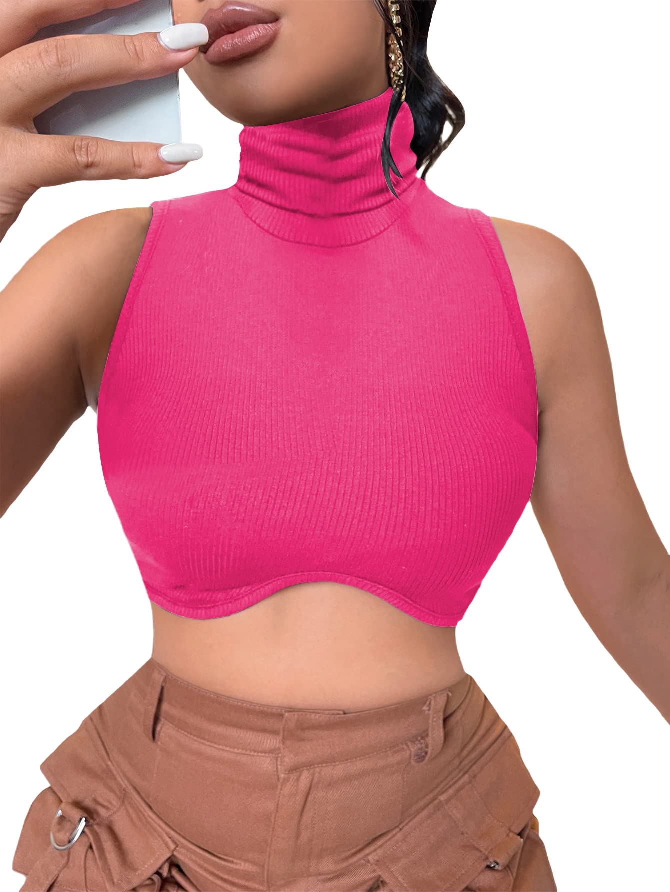 SheIn Women's High Neck Turtleneck Sleeveless Ribbed Knit Crop Top - Asymmetrical Cami Tank Tops for Casual Wear, Layering & Street Style Outfits