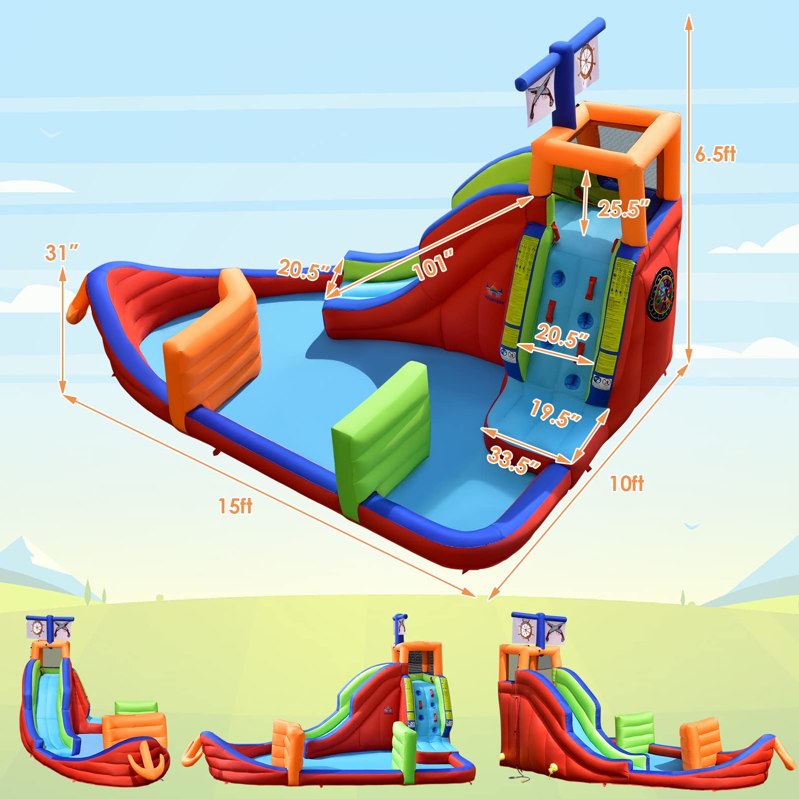 BOUNTECH Inflatable Water Slide - Pirate Ship Theme Backyard Water Park for Kids & Adults with 735W Blower, Splash Pool & Dart Game | Perfect for Birthday Parties, Summer Fun, and Outdoor Family Gatherings