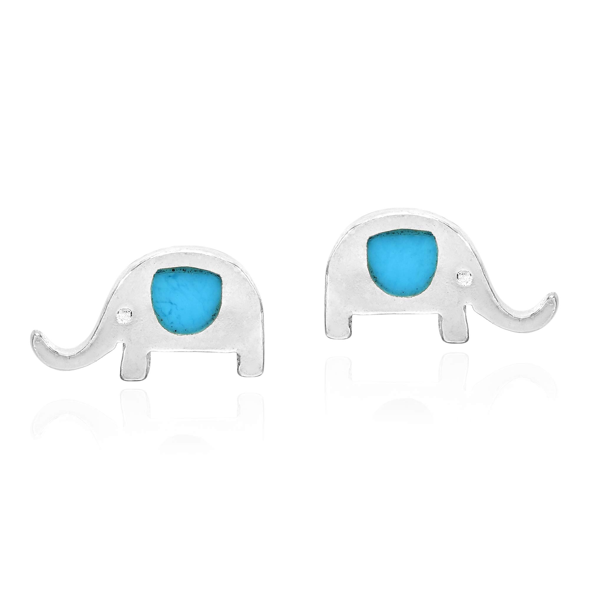 AeraVida .925 Sterling Silver Elephant Stud Earrings with Simulated Blue Turquoise Inlay | Cute Animal Jewelry for Women | Perfect Gift for Birthday, Anniversary & Everyday Wear