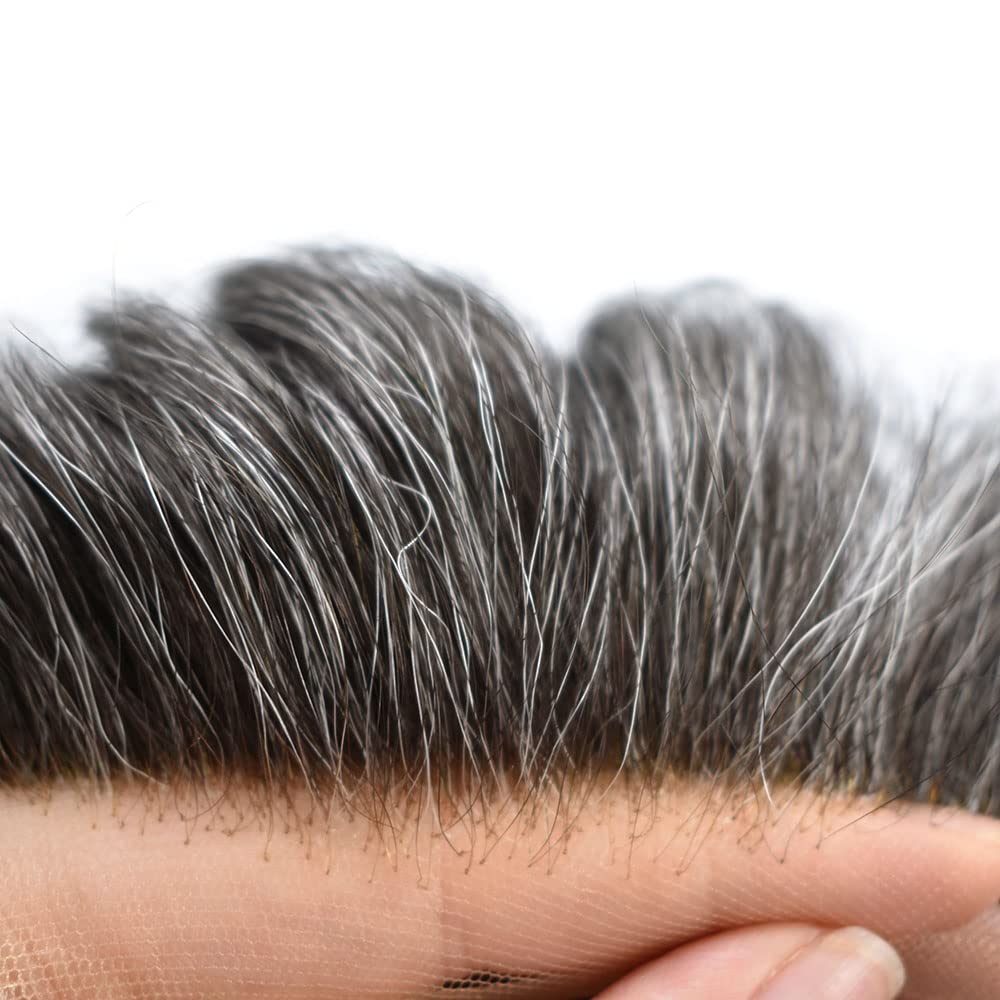 100% European Real Human Hair Swiss Lace Front Toupee for Men - Dark Brown with 40% Gray - 8x10 Inch - Bleached Knots - 100% Density - Natural Looking Hair Replacement System for Thinning Hair & Baldness - Perfect for Daily Wear, Special Occasions & Confidence Boost