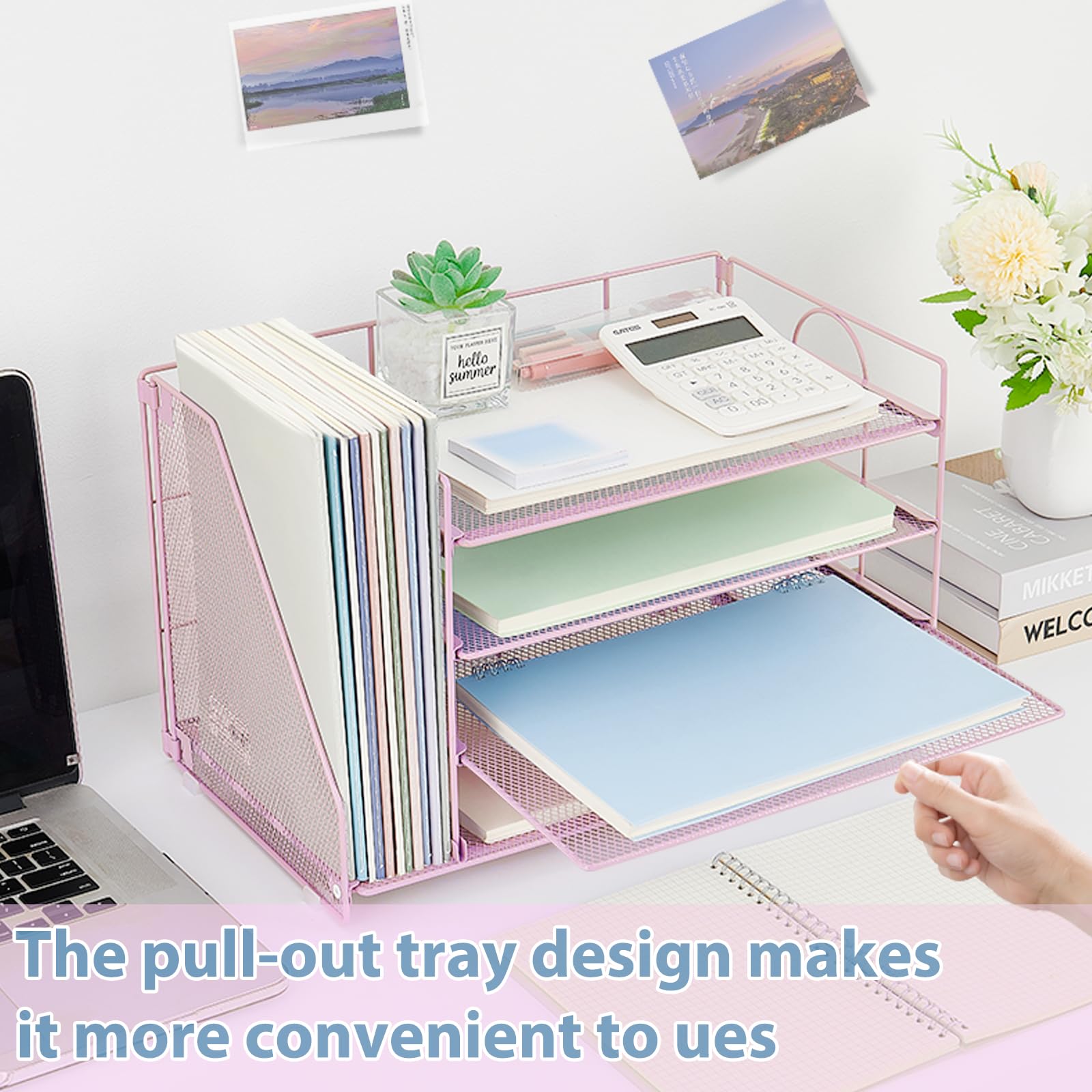 OPNCIE 4-Tier Paper Letter Tray File Organizer - Pink Office Desk Organizer for Documents, Mail & Supplies | Perfect for Classroom, Home Office & Workspace Organization