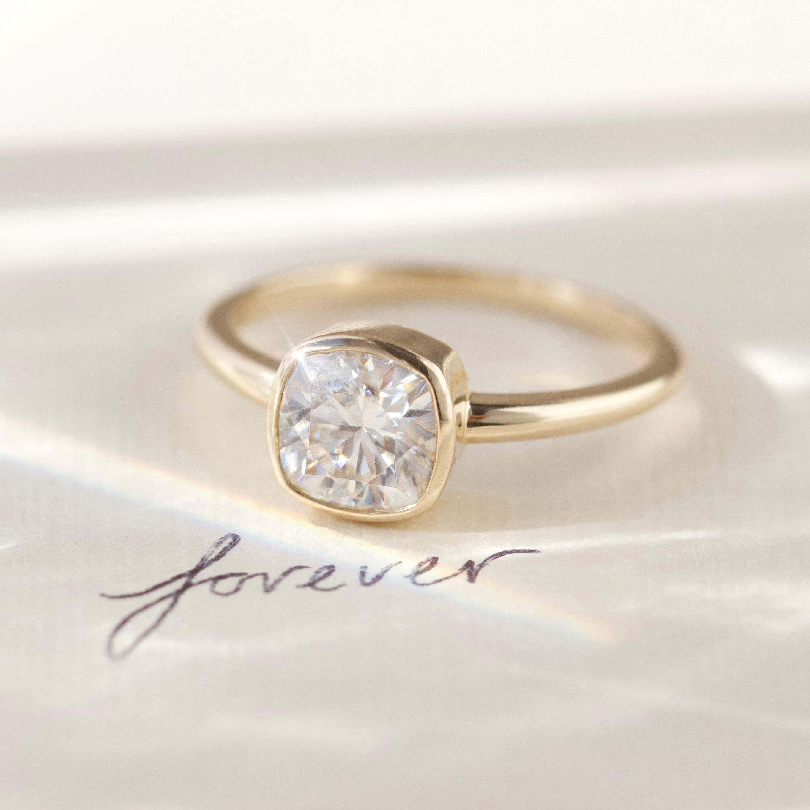 Moissanite Cushion Cut Bezel Set Engagement Ring - 1.5ct 14K White Gold Vintage Wedding Band for Women, Perfect for Proposals, Anniversaries & Bridal Jewelry
