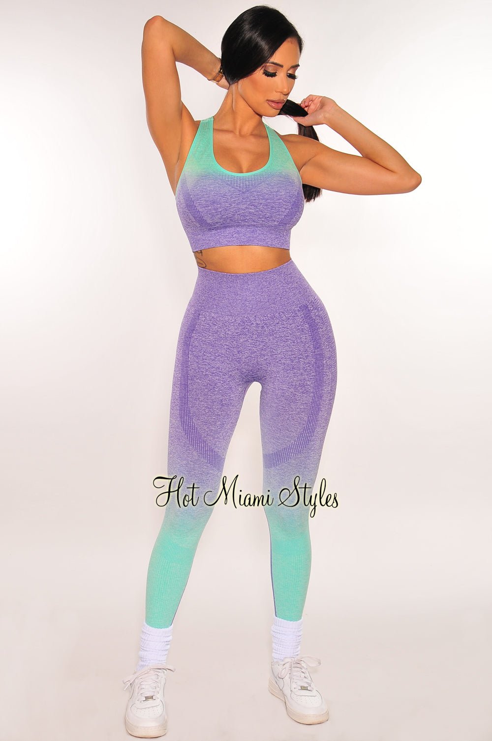 HMS Fit Purple Teal Gradient Padded Racerback Butt Lifting Leggings Two Piece Set - High Waisted Workout Outfit for Yoga, Gym & Running | Women's Activewear