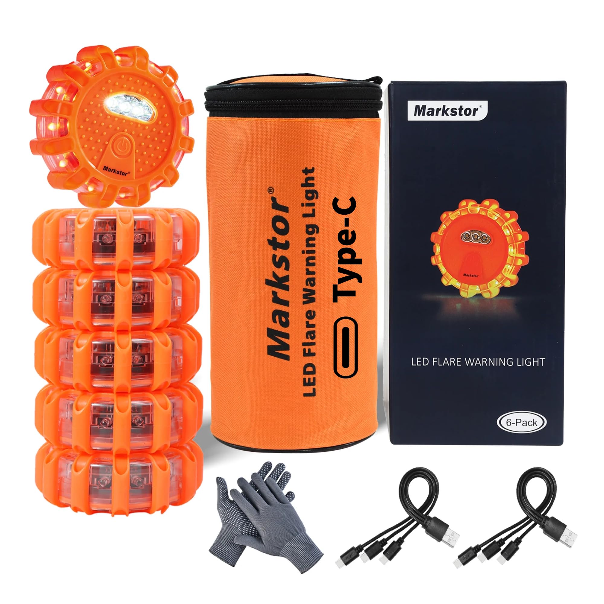 USB Rechargeable LED Road Flares 6-Pack - Emergency Roadside Safety Kit with 9 Flash Modes, Magnetic Base & Hook | Lithium Battery Powered Warning Beacon for Cars, Trucks & Motorcycles | Includes Free Gloves (Perfect for Nighttime Breakdowns & Hazard Signaling)